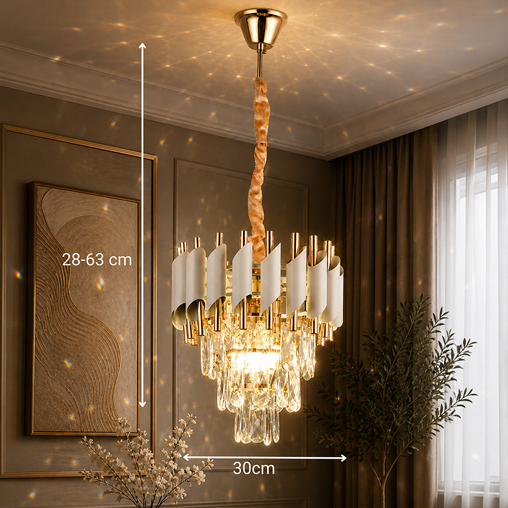 Candelabru Cristal VERSAILLES Petito 3xE14, Diametru 30cm, Auriu Lucios si Alb, Inaltime Reglabila, Metal si Cristal, imaginea 4