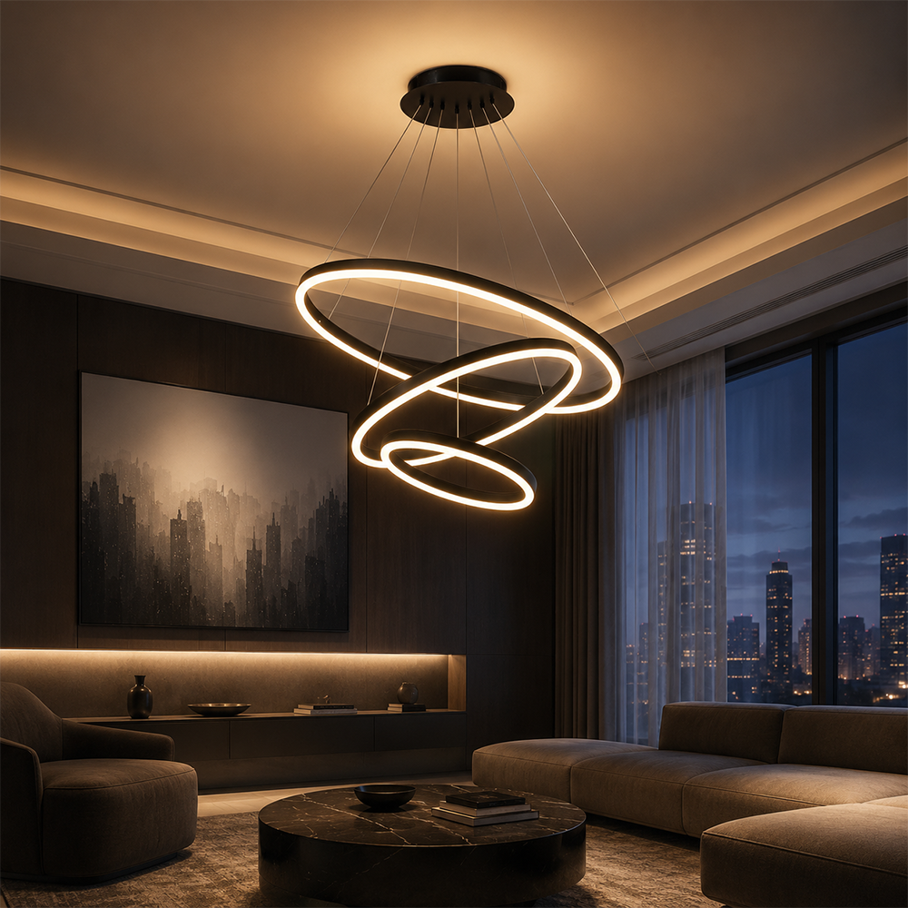 Lustra LED suspendata cu telecomanda CASIANA 85W, 3 Cercuri, lumina Rece/Calda/Neutra, Dimabila, Negru, Inaltime Reglabila, imaginea 10