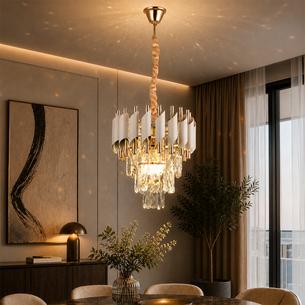 Candelabru Cristal VERSAILLES Petito 3xE14, Diametru 30cm, Auriu Lucios si Alb, Inaltime Reglabila, Metal si Cristal, imaginea 3