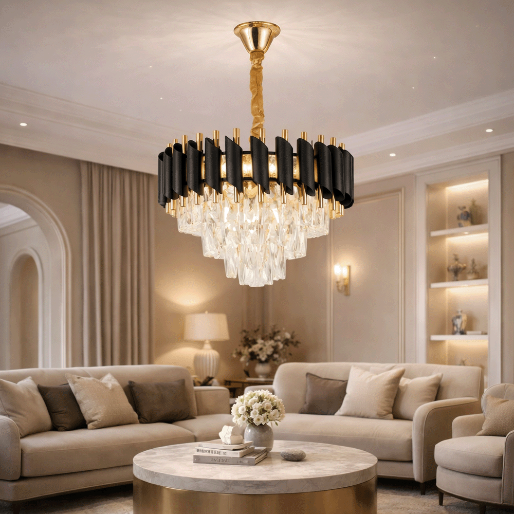 Candelabru Cristal VERSAILLES Nobile 5xE14, Diametru 40cm, Auriu Lucios si Negru, imaginea 9