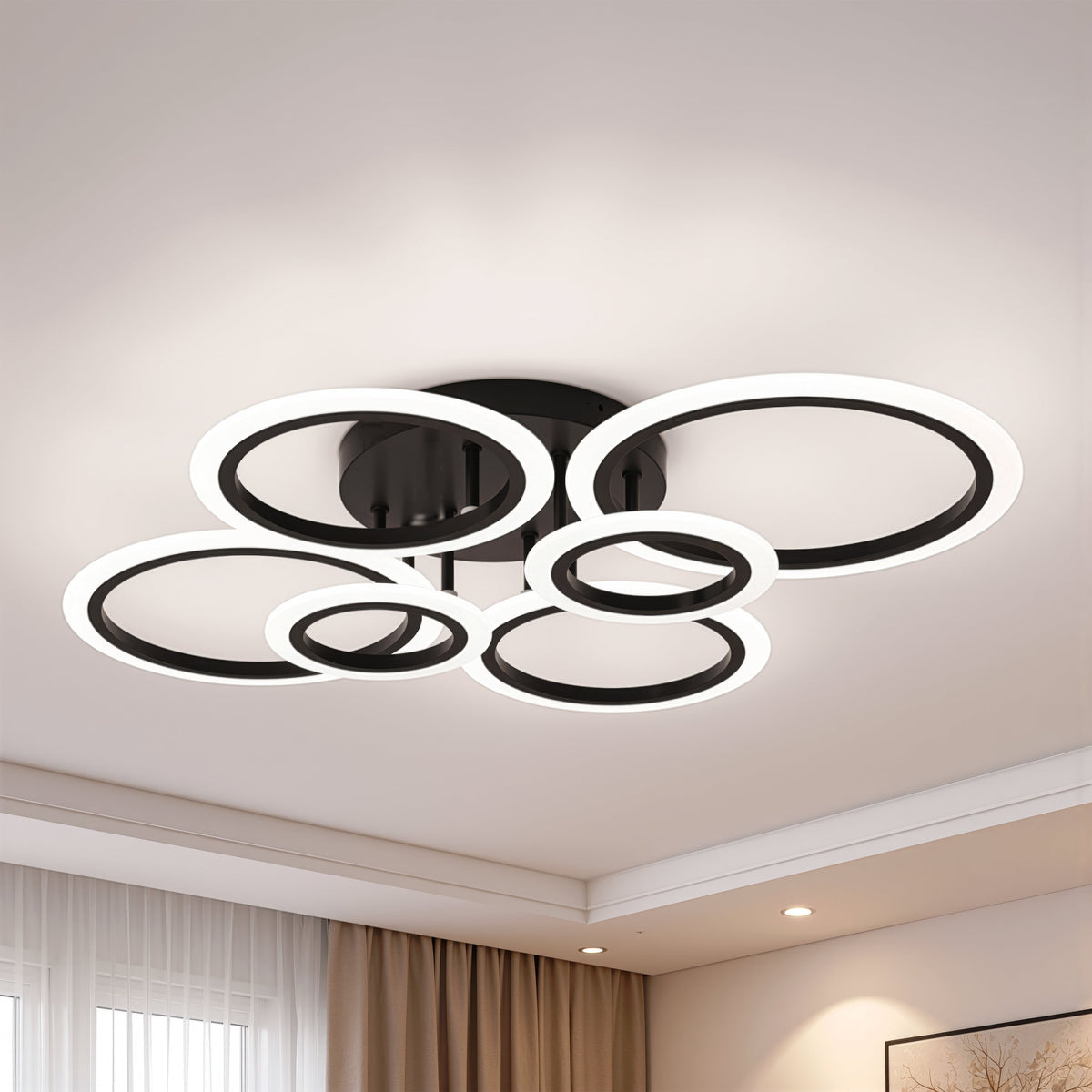 Lustra LED cu telecomanda BETTY 82W, 6 Cercuri, lumina Rece/Calda/Neutra, Dimabila, Negru, imaginea 1