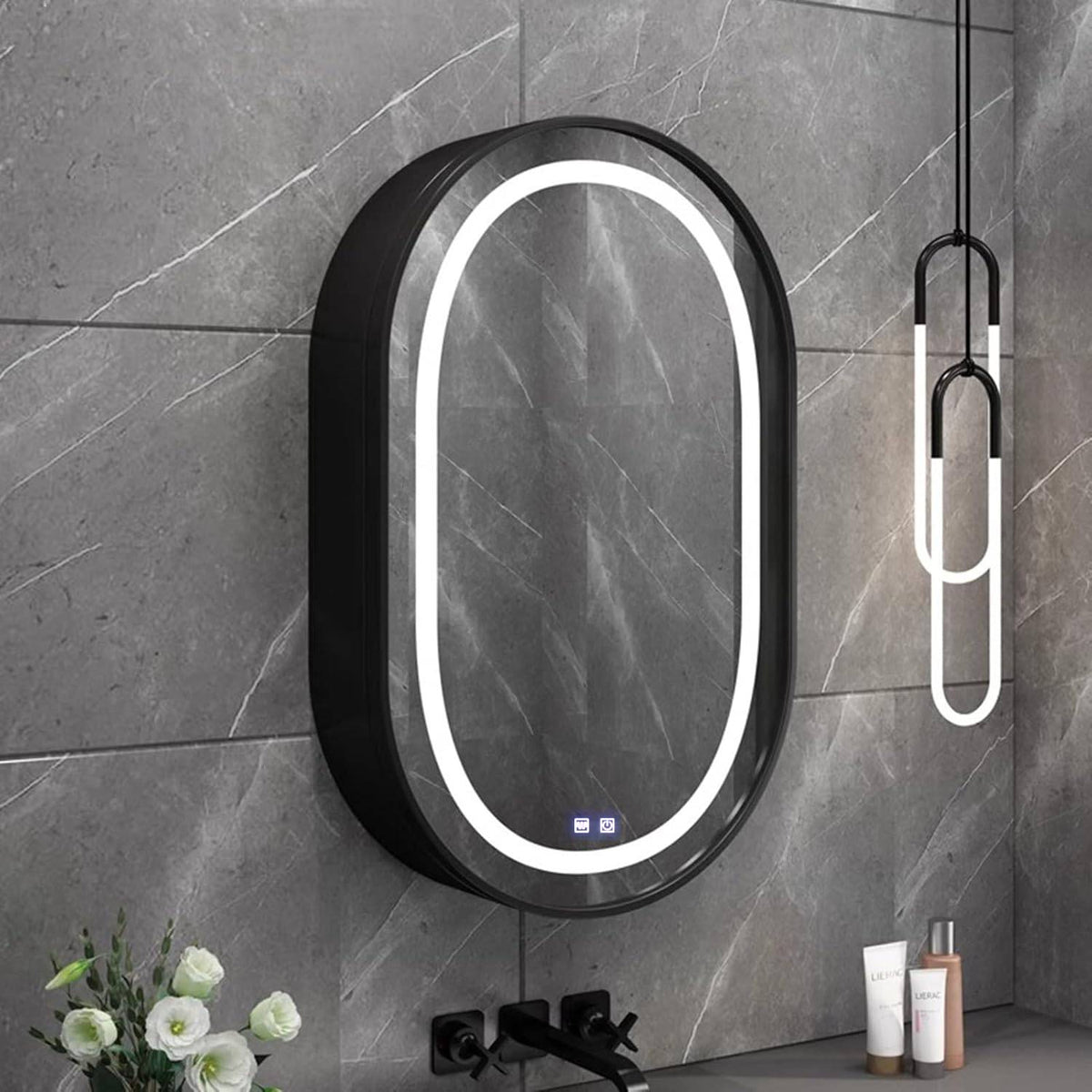 Oglinda LED cu Dulap, Ovala, 50x80cm, Dezaburire, Lumina Rece/Calda/Neutra, Rama Neagra, Spatiu de Depozitare