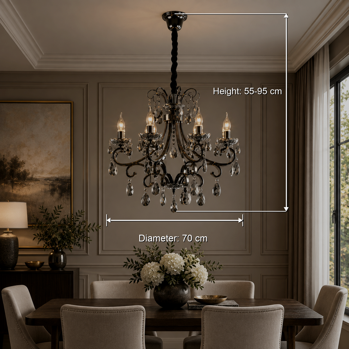 Candelabru Cristal BARO Magno, 6xE14, Inaltime Reglabila, Metal si Cristal, Negru