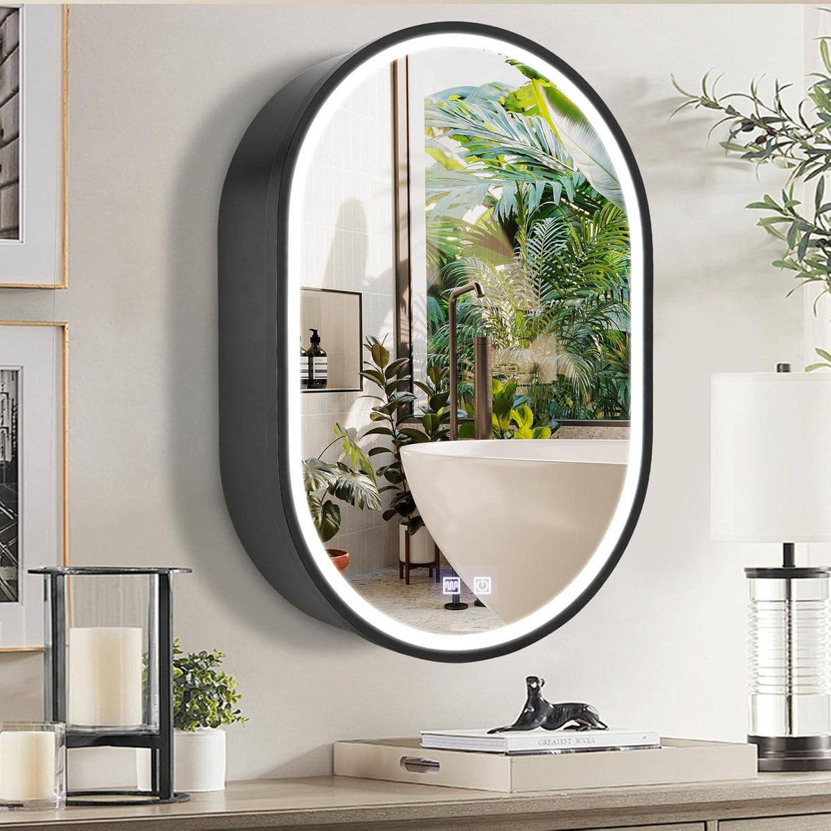 Oglinda LED cu Dulap, Ovala, 50x80cm, Dezaburire, Lumina Rece/Calda/Neutra, Rama Neagra, Spatiu de Depozitare