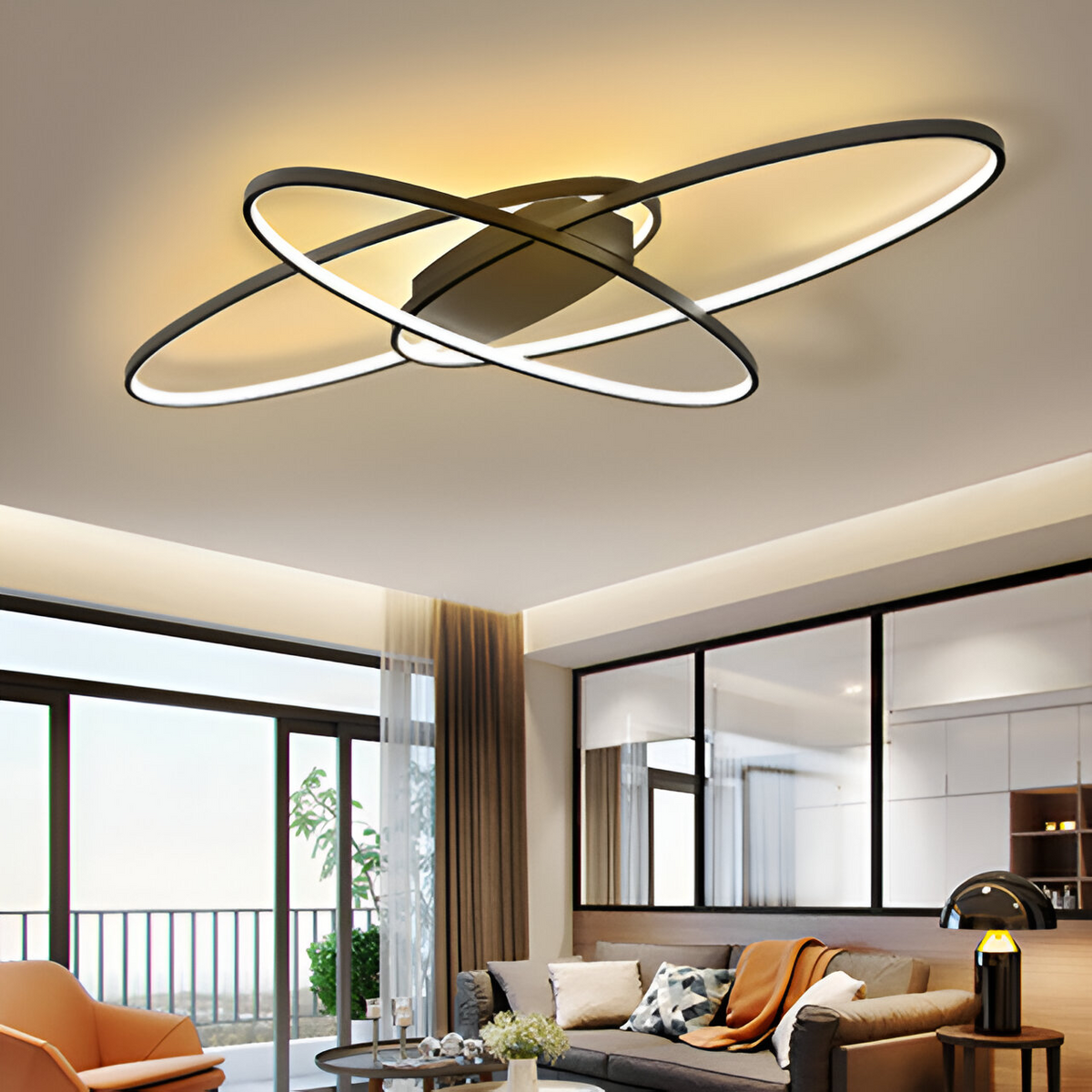 Lustra LED cu telecomanda ORBITA 74W, 3 Elemente, Ovala, lumina Rece/Calda/Neutra, Dimabila, Negru, imaginea 1