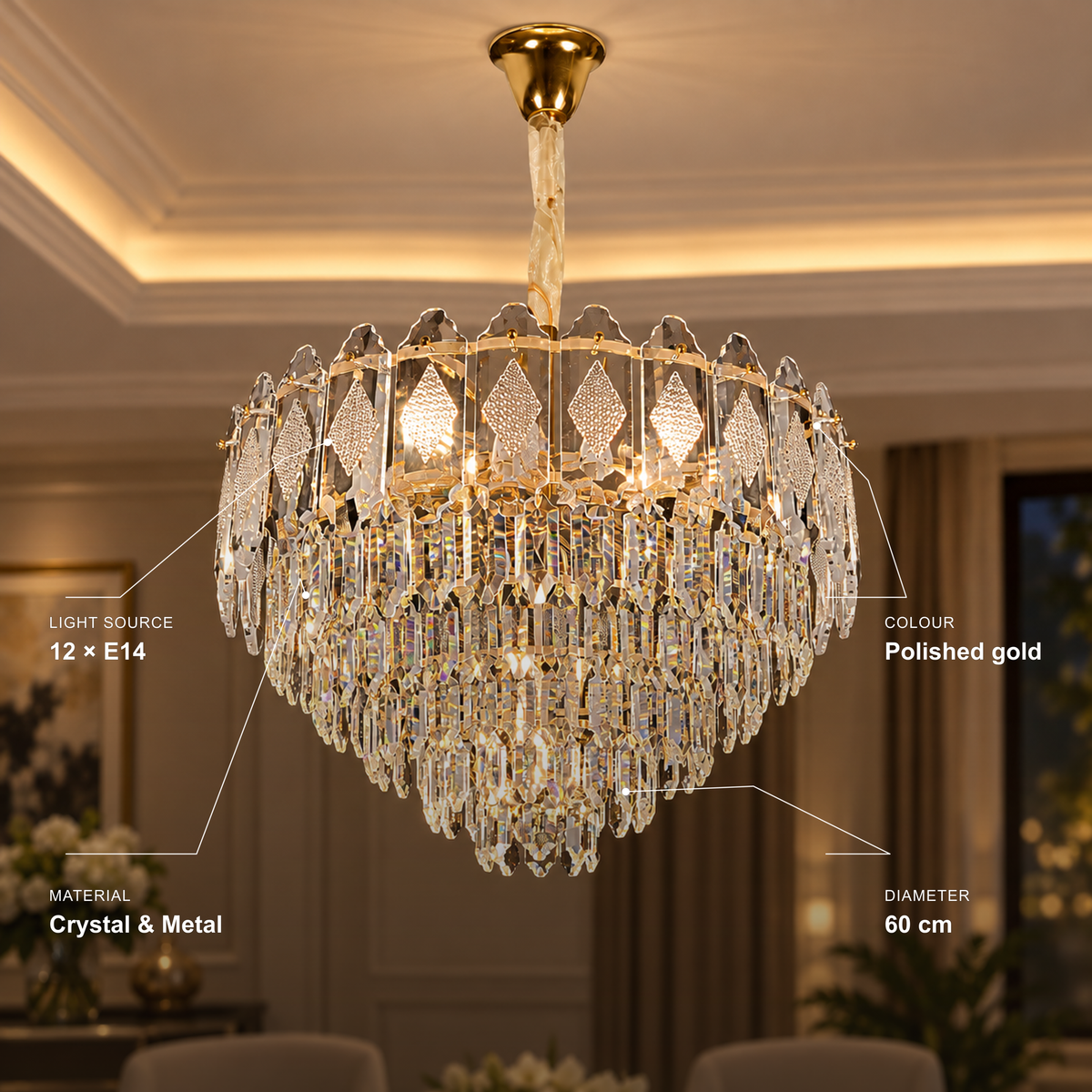 Candelabru Cristal VELVET Eleganza, 12xE14, D60 cm, Auriu, Inaltime Reglabila, Metal si Cristall