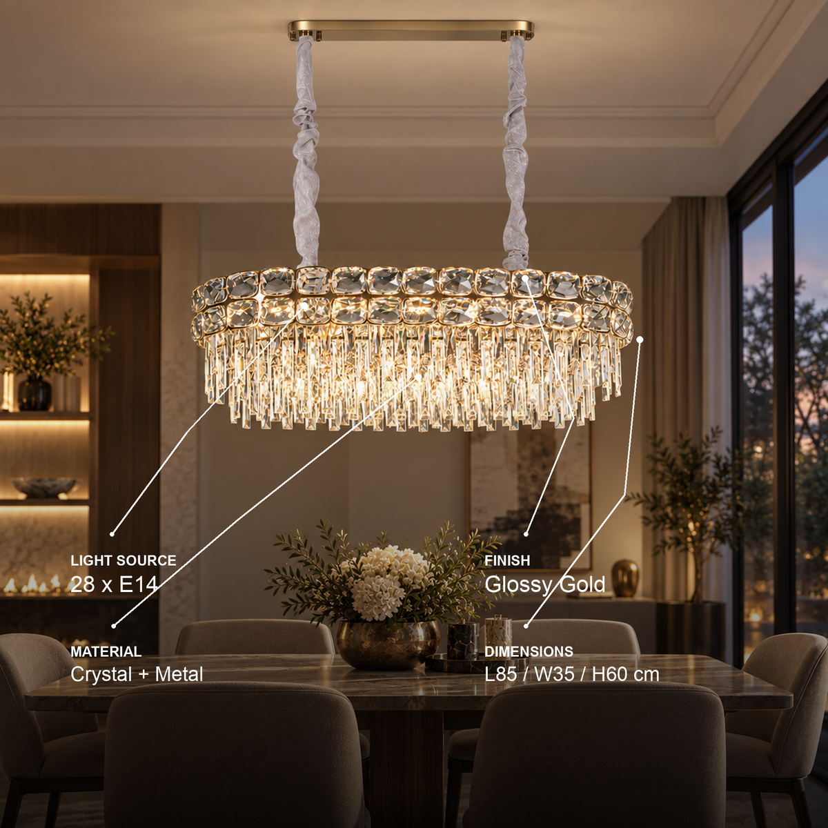 Candelabru Cristal LUCENT Regalis 28xE14, 85x35 cm, Auriu, Inaltime Reglabila, Metal si Cristal