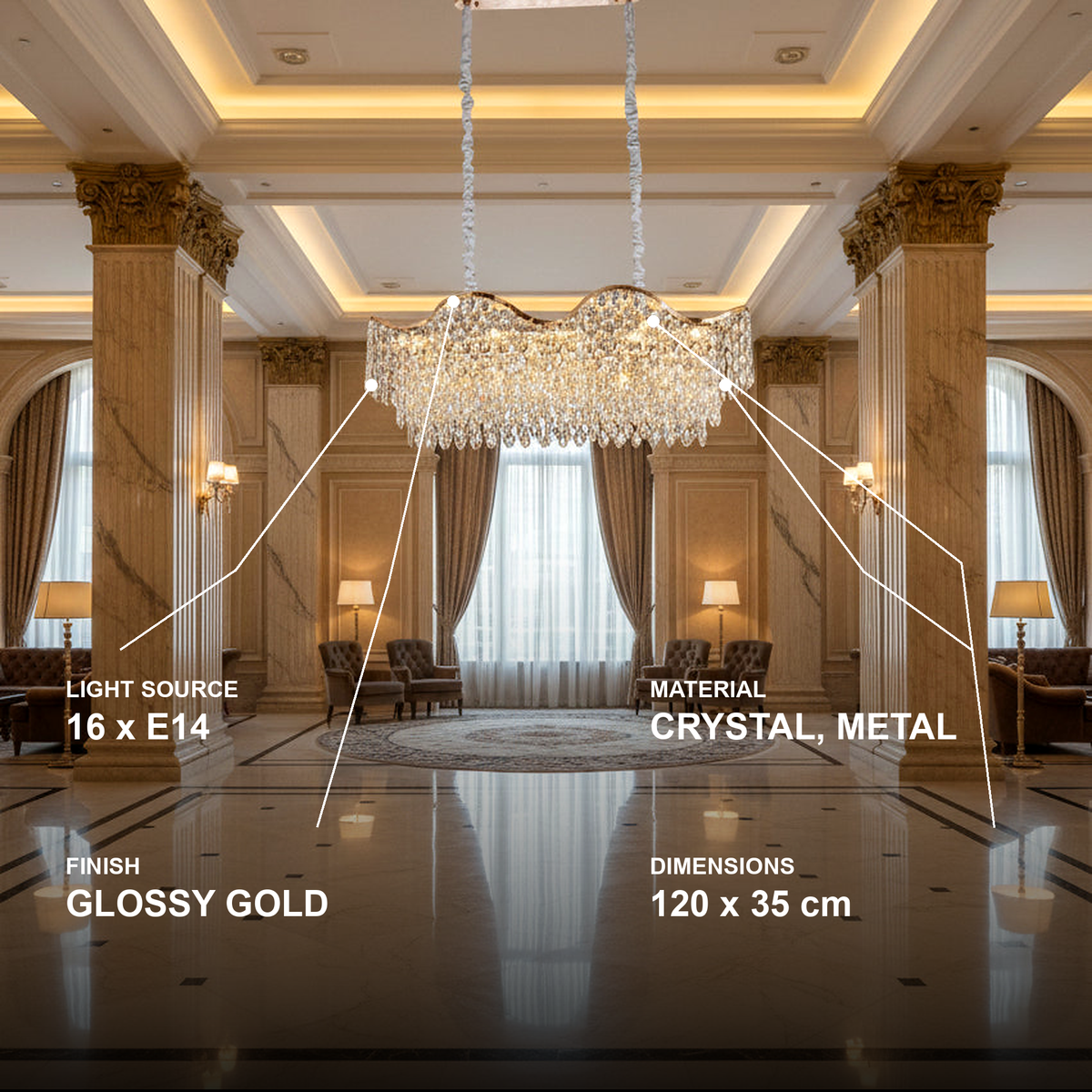 Candelabru Cristal 16xE14 VELOURA Supremo Reale, 120x35 cm, Auriu, Inaltime Reglabila, Metal si Cristal