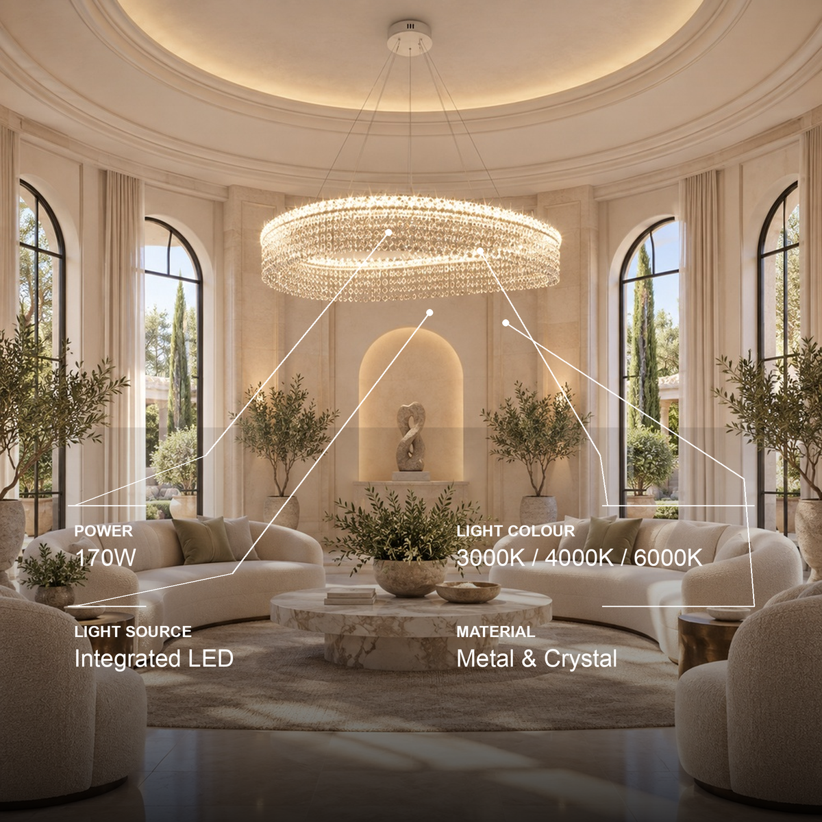 Candelabru Cristal VOLNA Magno, 170W, D80cm, Lumina Calda/Neutra/Rece, Alb, Metal si Cristal