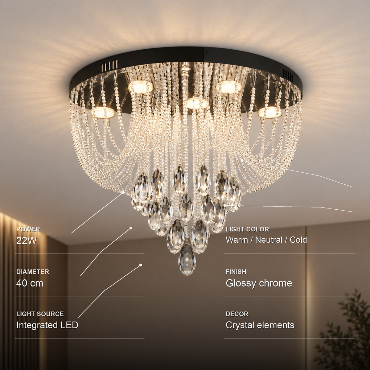 Candelabru LED Cristal MAGE Nobile, 22W, Lumina Calda/Neutra/Rece, Diametru 40cm, Crom Lucios