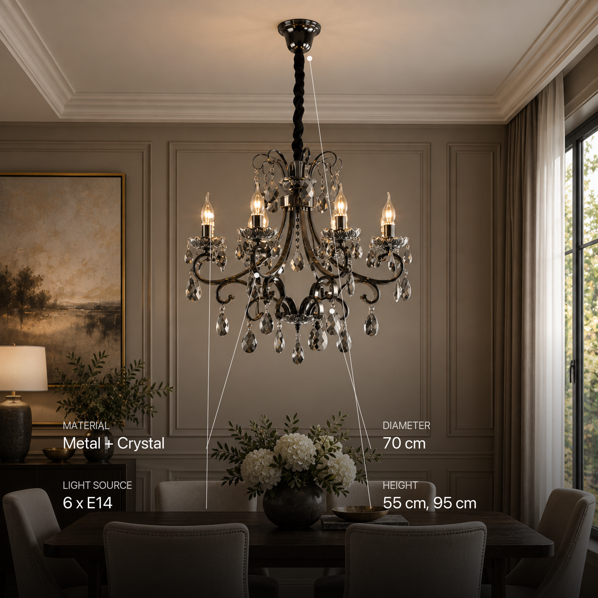 Candelabru Cristal BARO Magno, 6xE14, Inaltime Reglabila, Metal si Cristal, Negru
