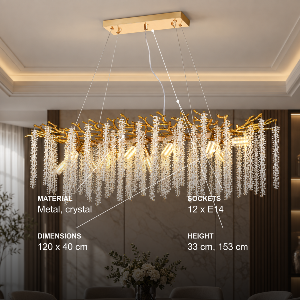 Candelabru Cristal ARBUS Regalis, 120x40cm, 12xE14, Auriu, Metal si Cristal