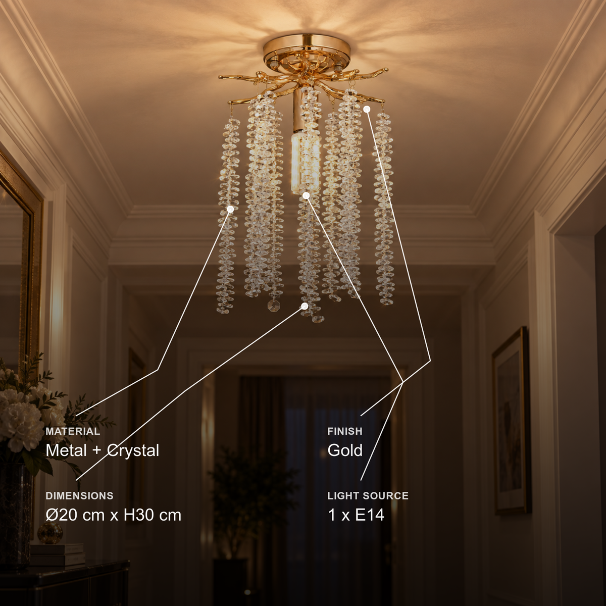 Candelabru Cristal ARBUS, Φ20cm, 1xE14, Auriu, Metal si Cristal