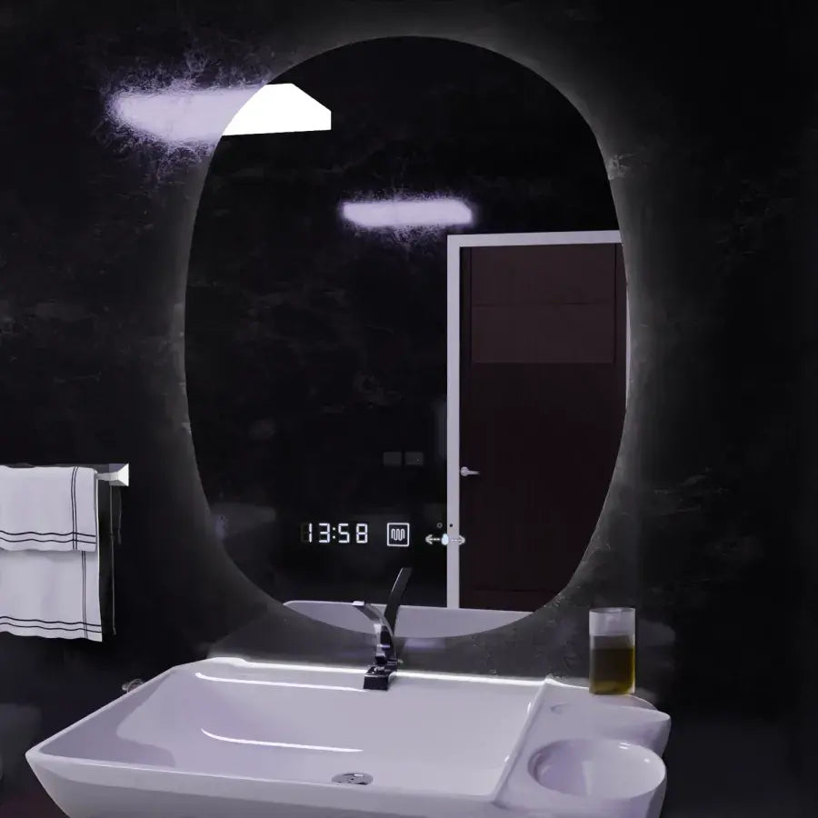 Oglinda LED Ovala, 60x80cm, Ranya Senzor MotionGlow Marcello, Sistem Dezaburire, Ceas & Termometru, Dimabila
