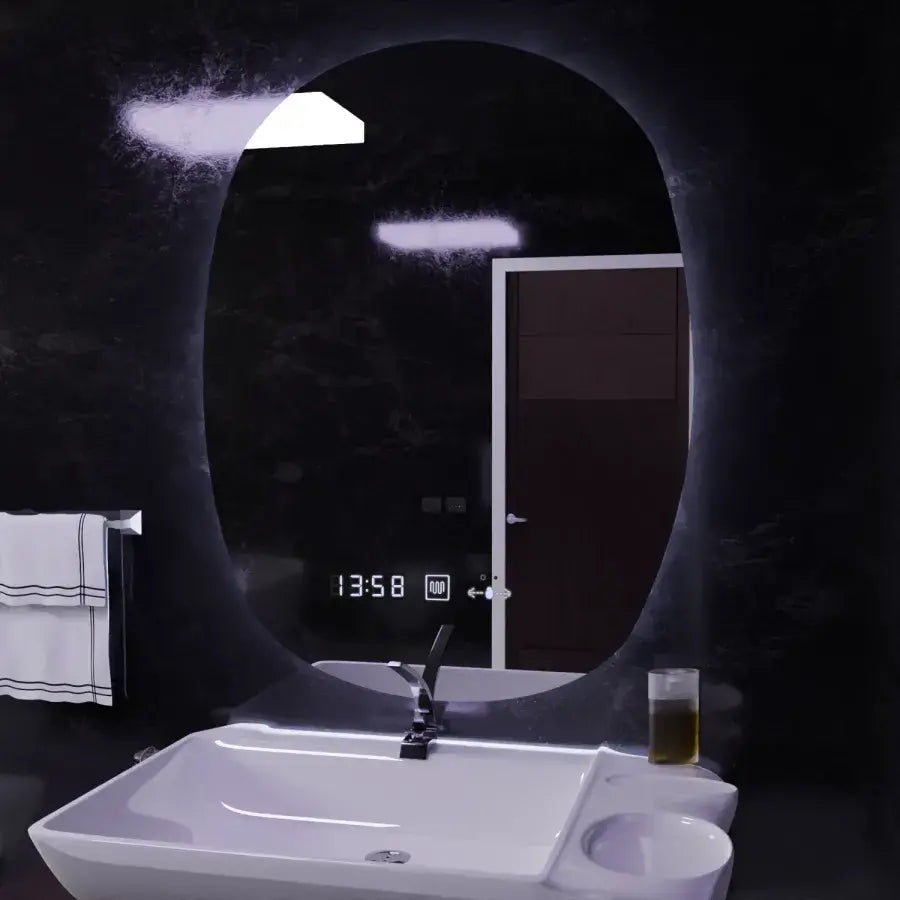 Oglinda LED Ovala, 60x80cm, Ranya Senzor MotionGlow Marcello, Sistem Dezaburire, Ceas & Termometru, Dimabila