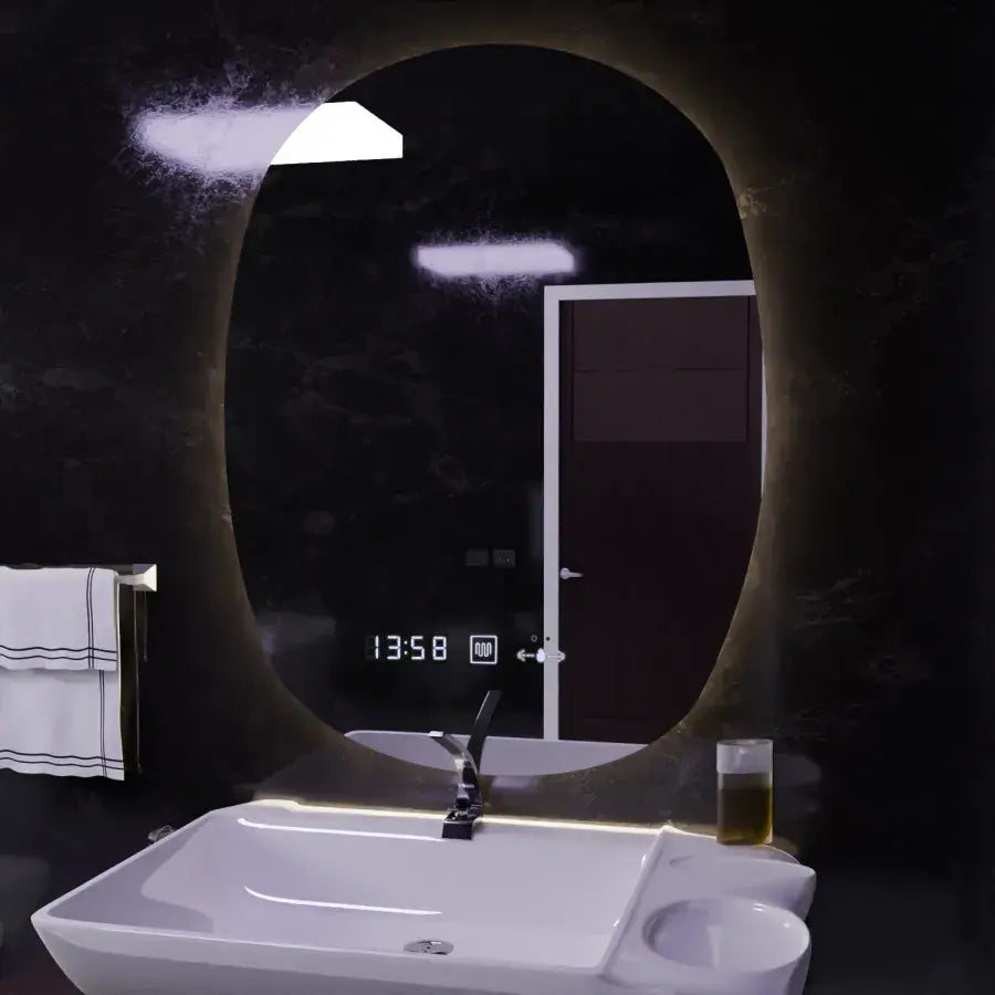 Oglinda LED Ovala, 60x80cm, Ranya Senzor MotionGlow Marcello, Sistem Dezaburire, Ceas & Termometru, Dimabila