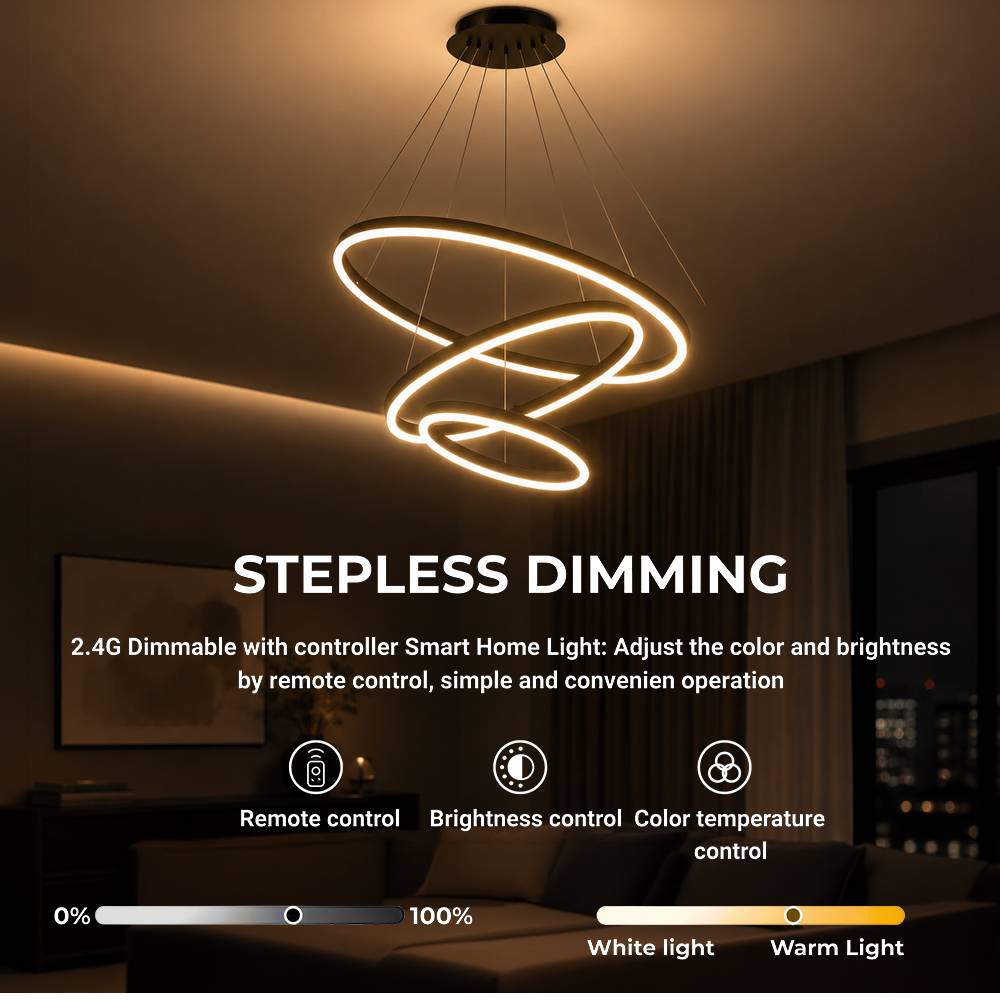 Lustra LED suspendata cu telecomanda CASIANA 85W, 3 Cercuri, lumina Rece/Calda/Neutra, Dimabila, Negru, Inaltime Reglabila, imaginea 3