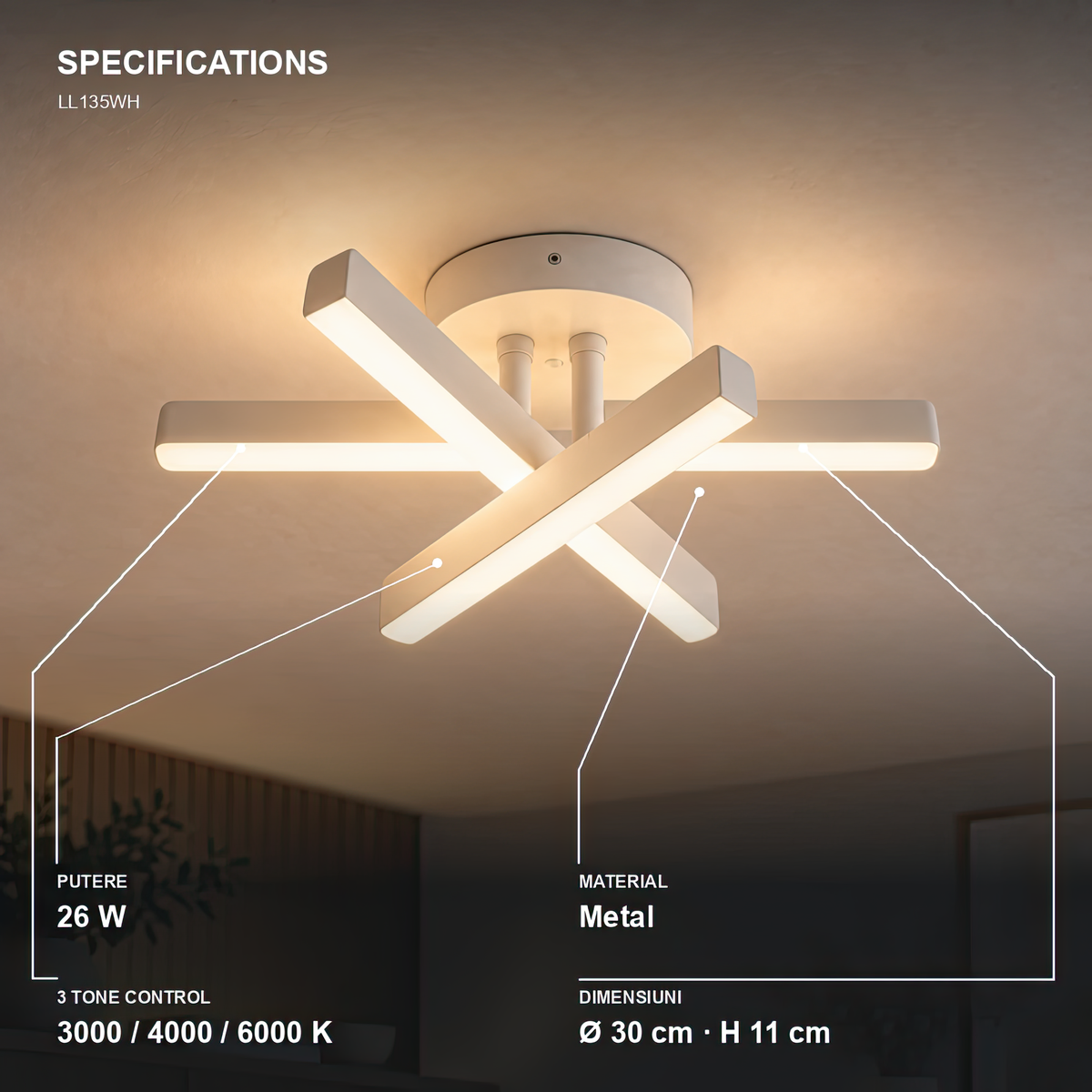 Lustra LED Diego, 26W, Alb, Metal, Lumina Rece/Calda/Neutra, imaginea 5