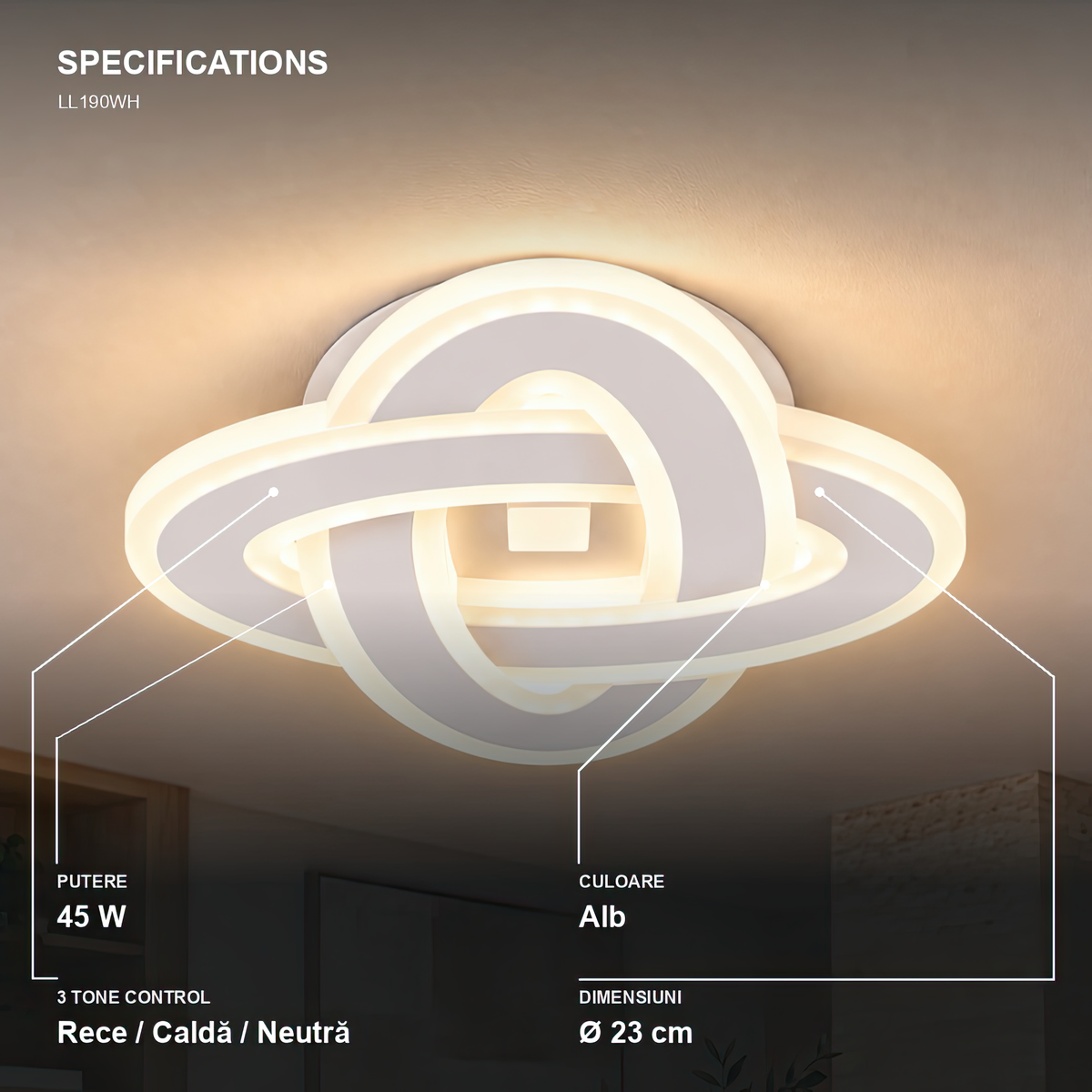 Lustra LED CRINELLA 45W, Diametru 23cm, lumina Rece/Calda/Neutra, Alb