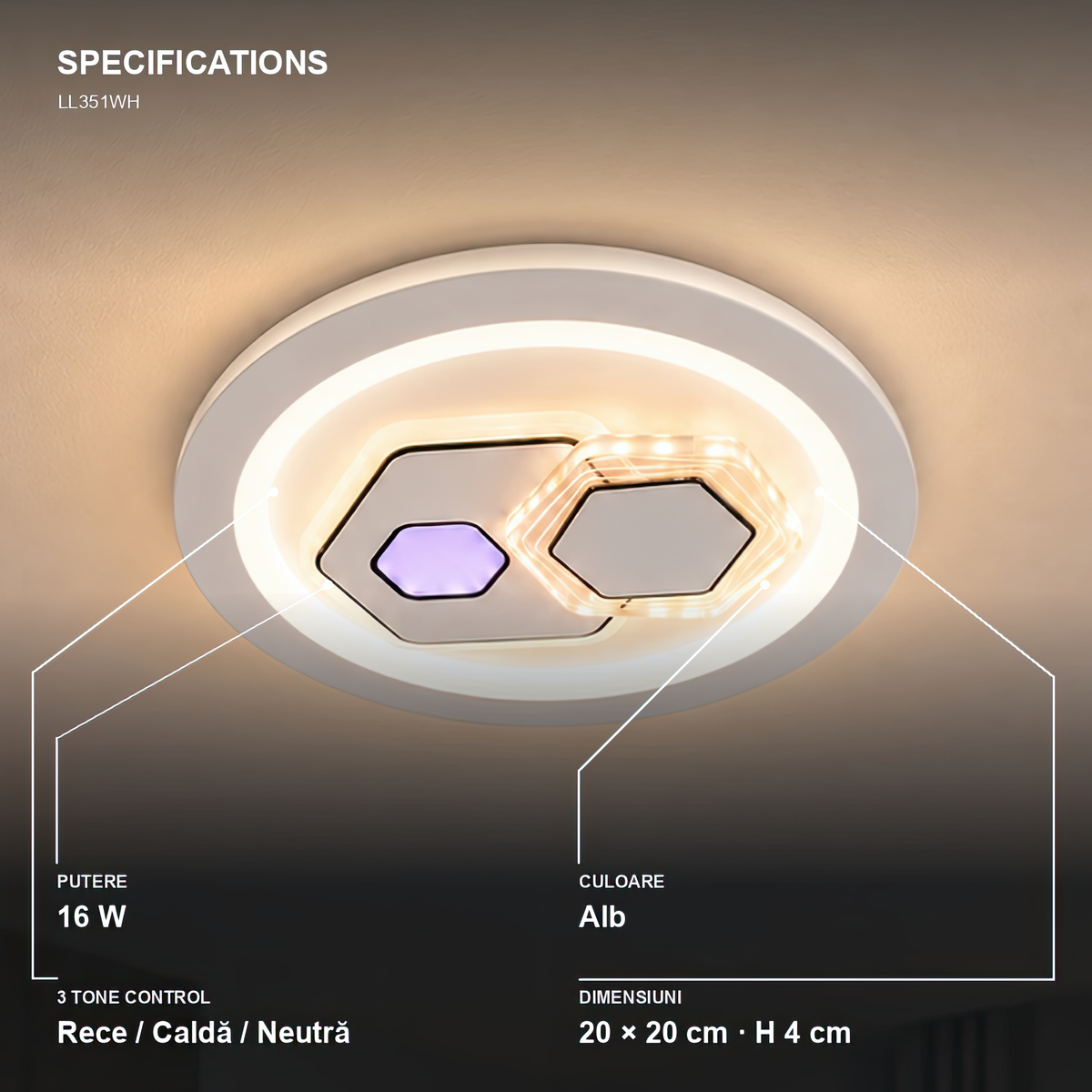 Lustra LED KATHLEEN RGB 16W, lumina Calda/Neutra, Alb, imaginea 4