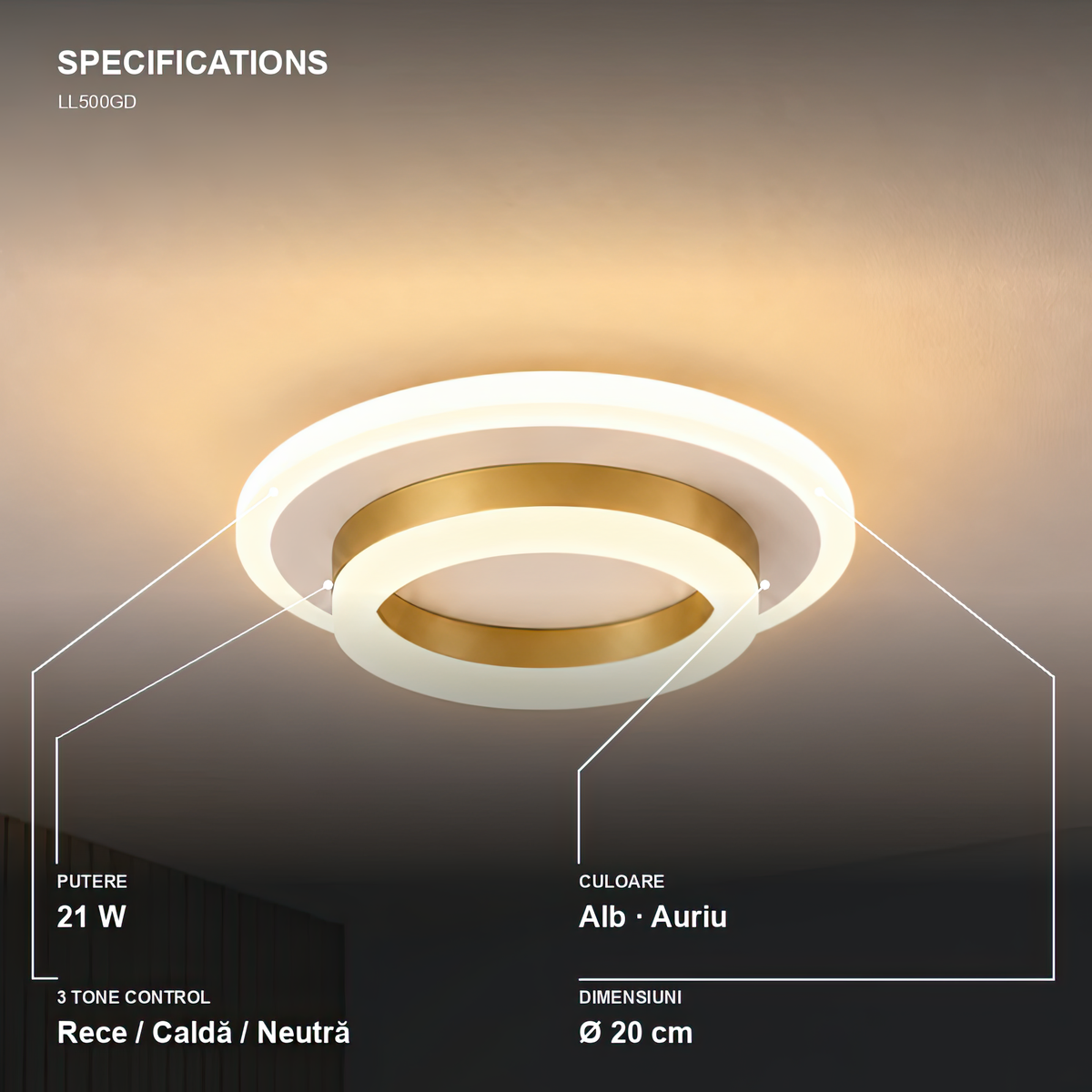 Lustra LED SOLENA ROTONDA 21W, Diametru 20cm, lumina Rece/Calda/Neutra, Alb Auriu, imaginea 5