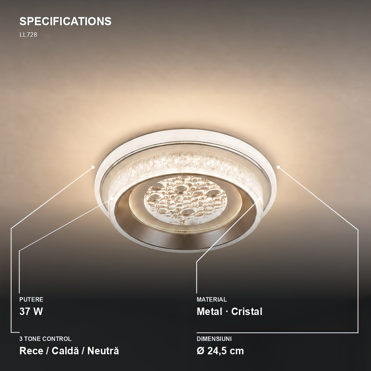 Lustra LED KALESO Petito, 37W, Diametru 24.5cm, Lumina Calda/Neutra/Rece, Alb, Metal si Cristal