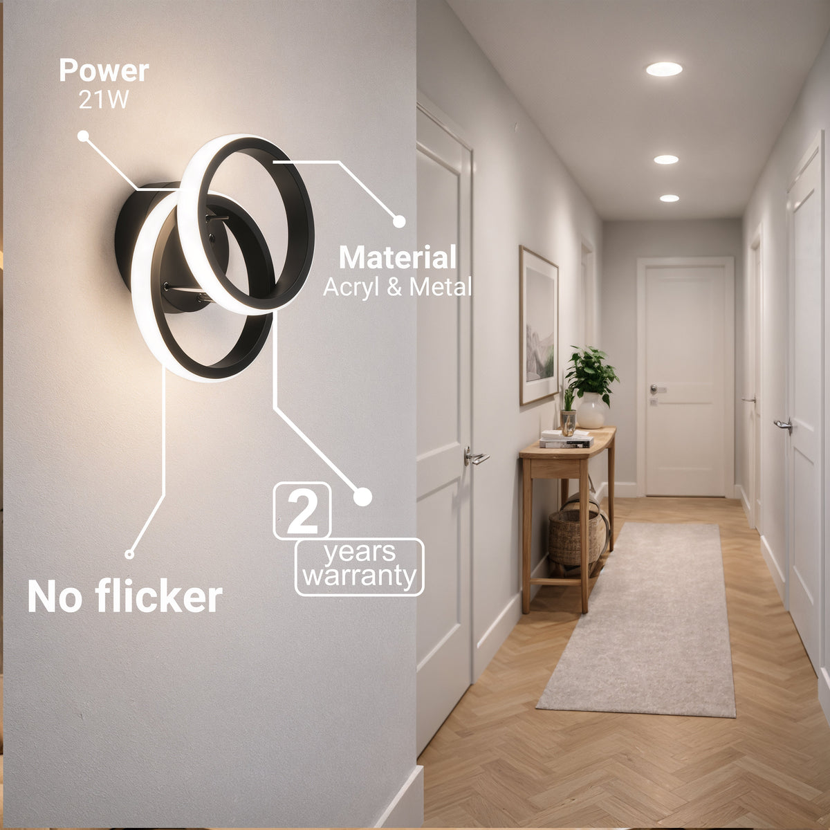 Lustra LED VERTEX CIRCULA 21W, 2 Cercuri, Rame Metalice, lLumina Rece/Calda/Neutra 3000K/4000K/6000K, Negru, Metal, imaginea 4