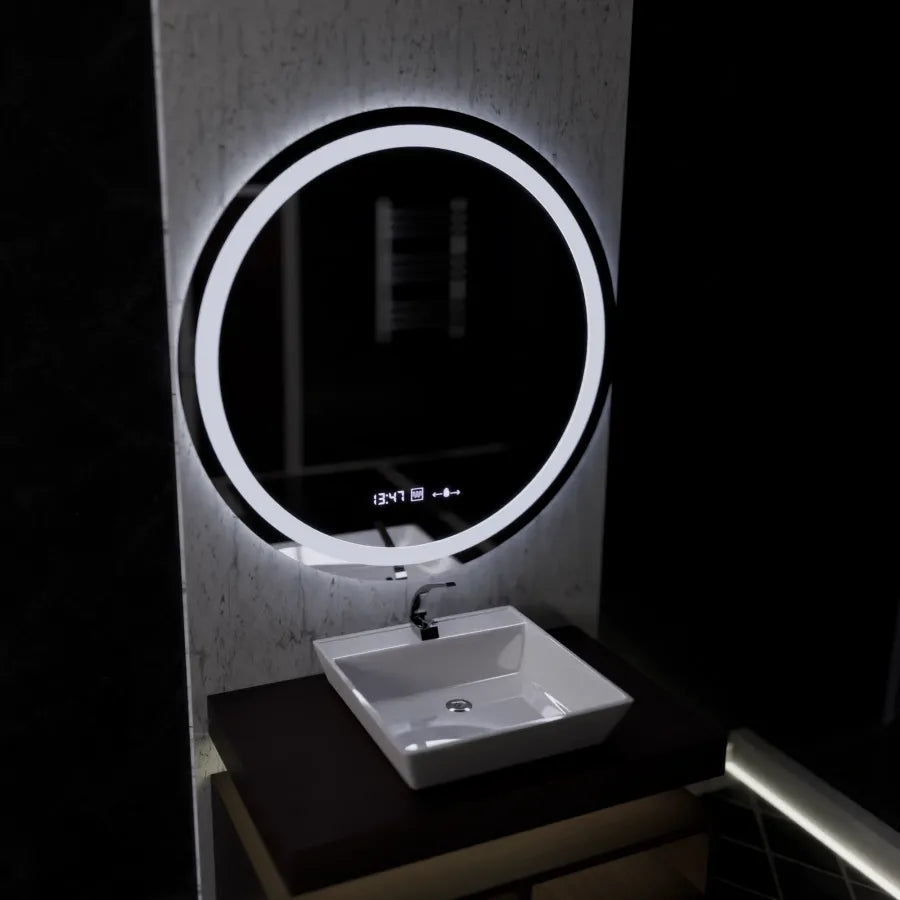 Oglinda LED Rotunda, 100cm, Celeste MotionGlow Marcello, Sistem Dezaburire, Ceas & Termometru, Dimabila