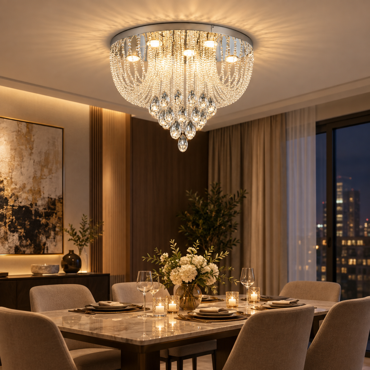 Candelabru LED Cristal MAGE Eleganza, 26W, Lumina Calda/Neutra/Rece, Diametru 50cm, Crom Lucios