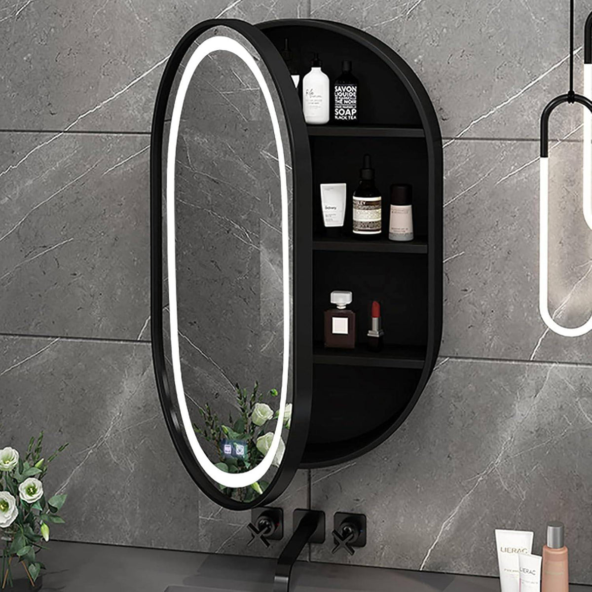 Oglinda LED cu Dulap, Ovala, 50x80cm, Dezaburire, Lumina Rece/Calda/Neutra, Rama Neagra, Spatiu de Depozitare