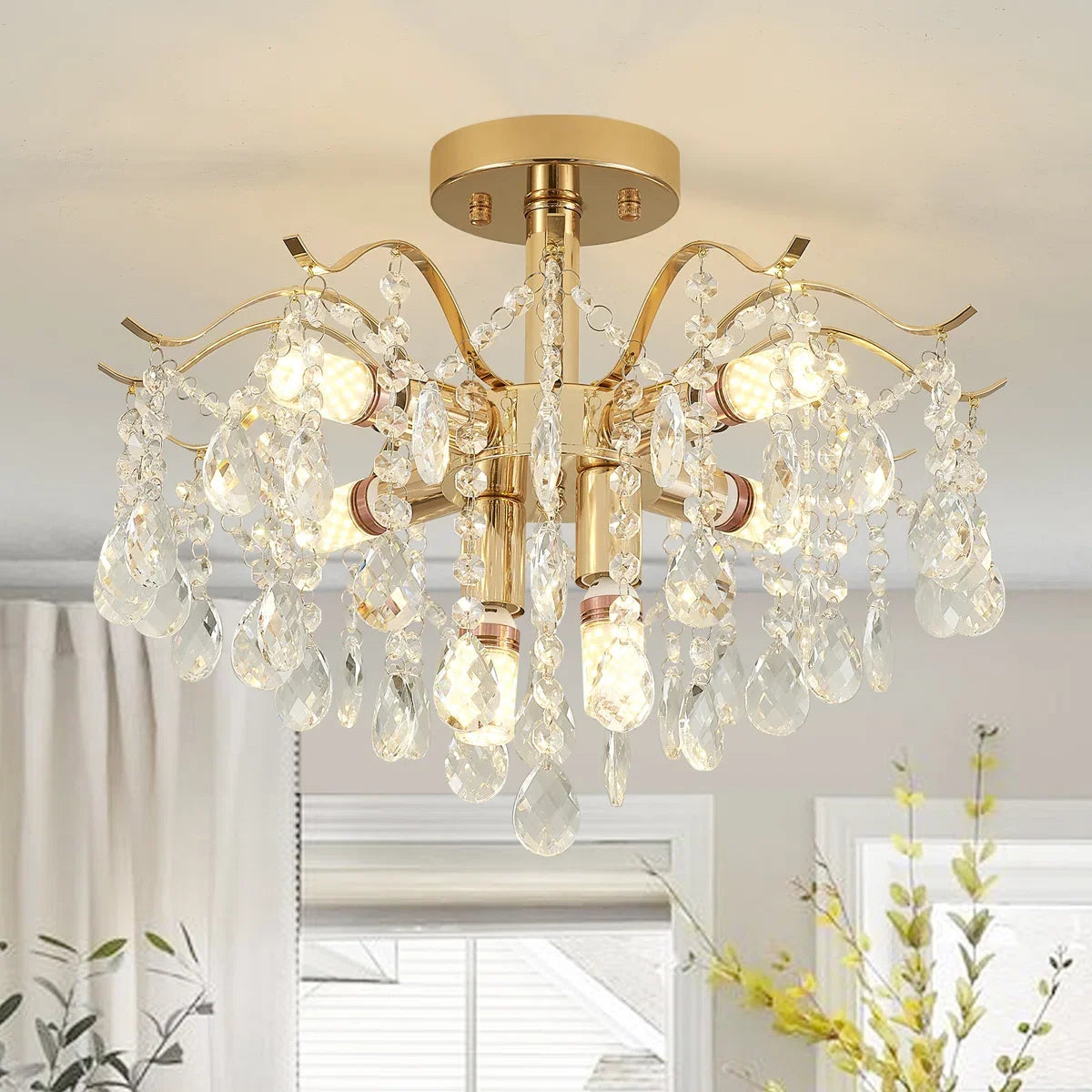 Candelabru Cristal Fiamma, 6x E14, Diametru 45cm, Auriu, Metal si Cristal, imaginea 1