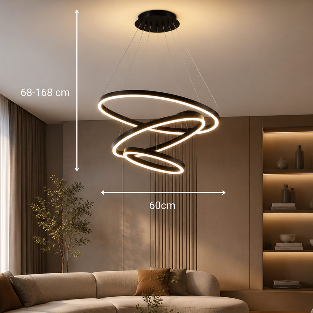 Lustra LED suspendata cu telecomanda CASIANA 85W, 3 Cercuri, lumina Rece/Calda/Neutra, Dimabila, Negru, Inaltime Reglabila, imaginea 6