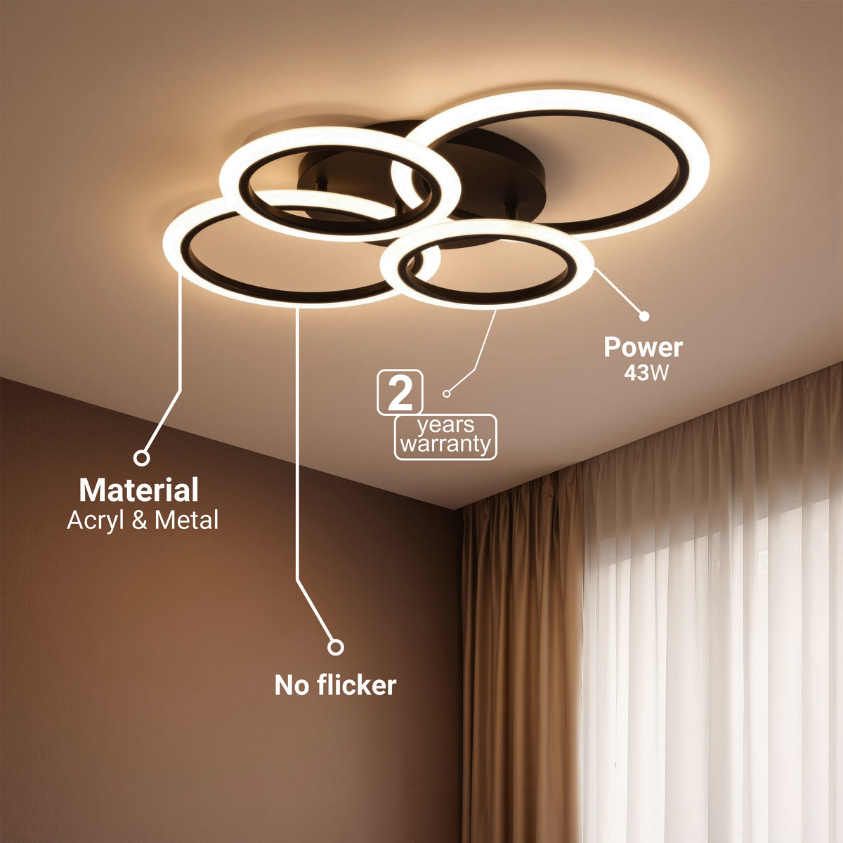 Lustra LED cu telecomanda BETTY 43W, 4 Cercuri, lumina Rece/Calda/Neutra, Dimabila, Negru, imaginea 7