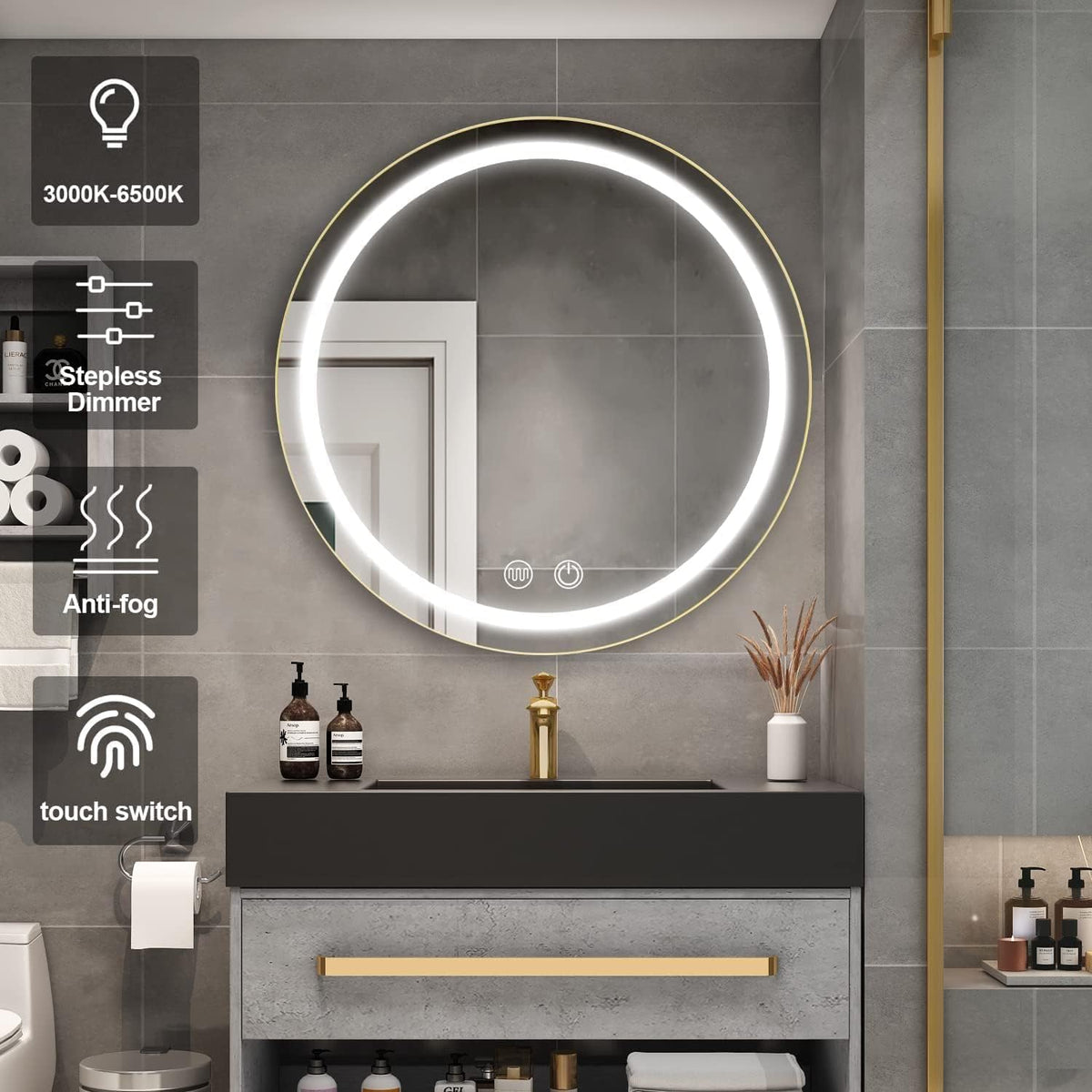 Oglinda LED cu Dulap, Rotunda, 10W, 50x50cm, Dezaburire, Rama Neagra, Spatiu de Depozitare DBP230/50X50BK