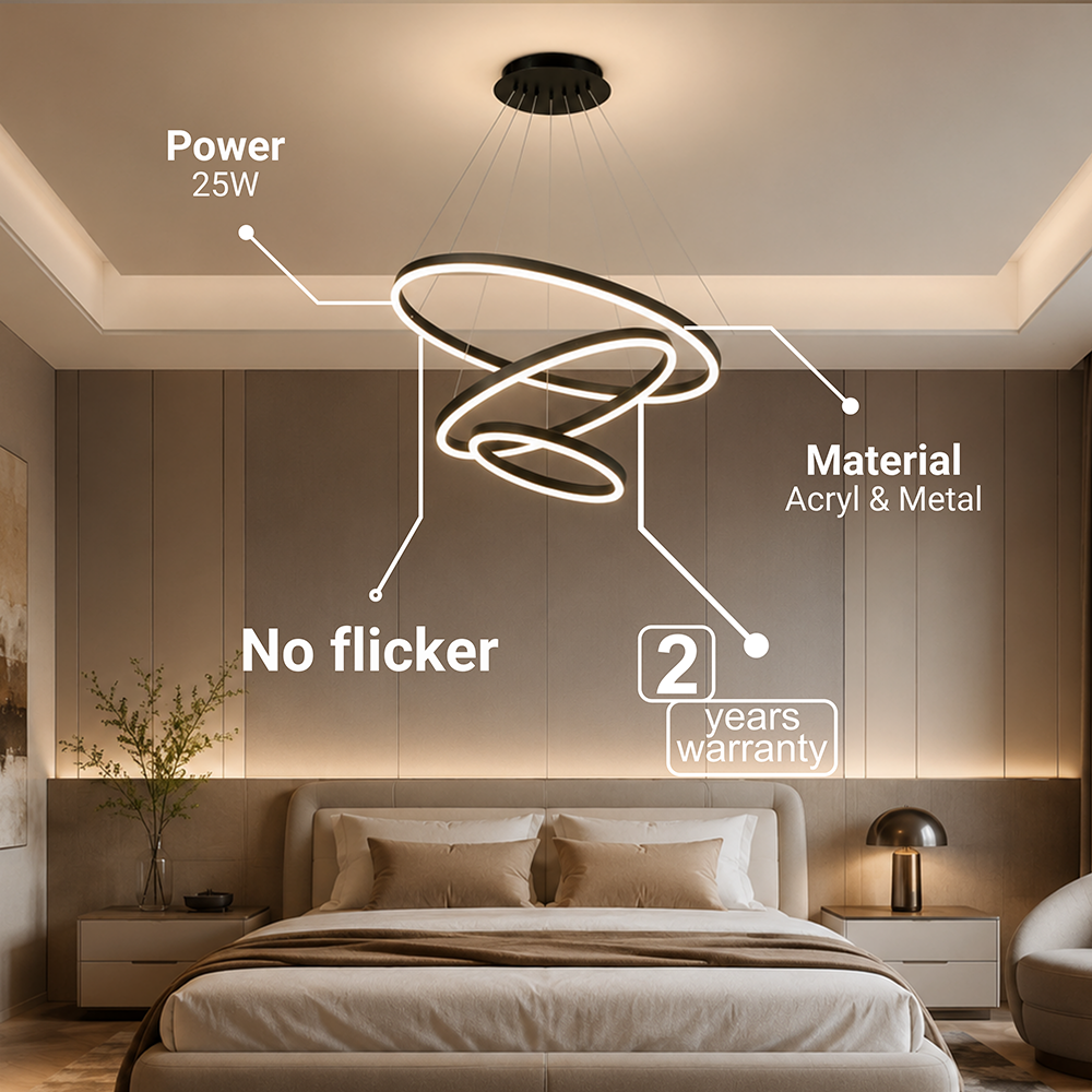 Lustra LED suspendata cu telecomanda CASIANA 85W, 3 Cercuri, lumina Rece/Calda/Neutra, Dimabila, Negru, Inaltime Reglabila, imaginea 7