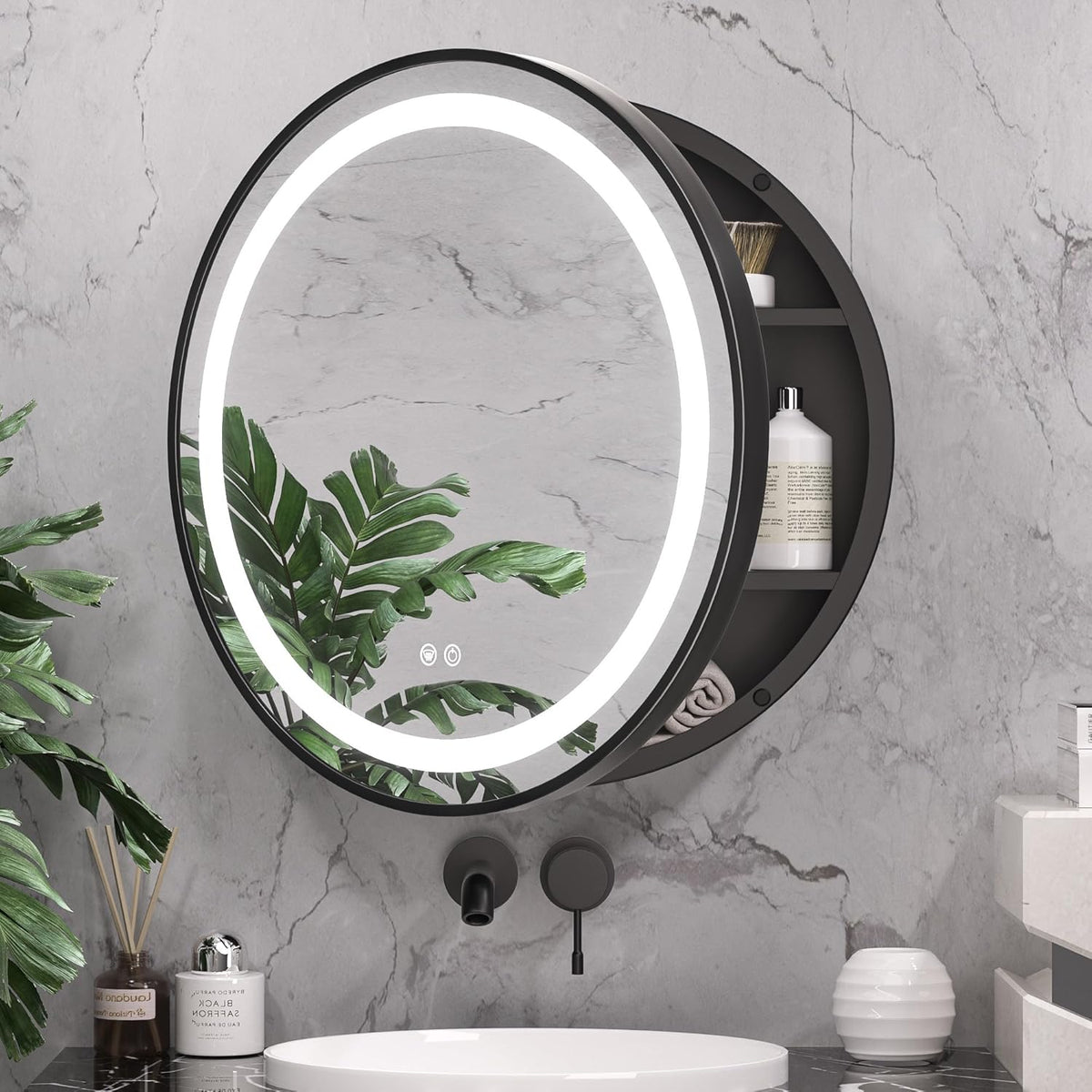 Oglinda LED cu Dulap, Rotunda, 10W, 50x50cm, Dezaburire, Rama Neagra, Spatiu de Depozitare DBP230/50X50BK