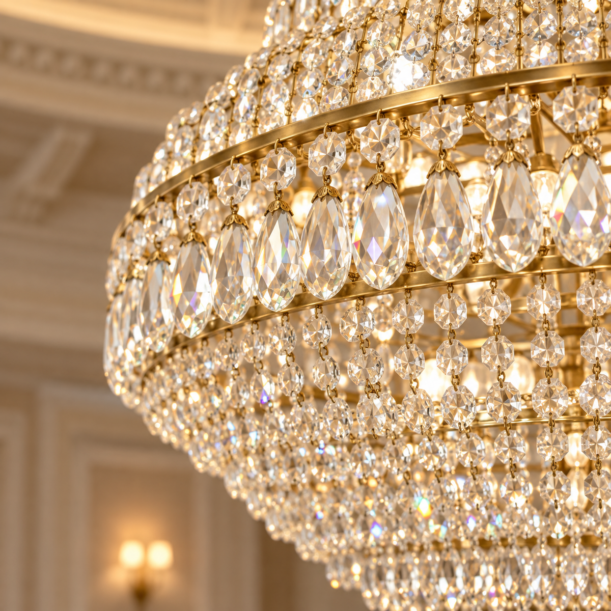 Candelabru Cristal VELVET Supremo, 69xE14, D150 cm, Auriu, Inaltime Reglabila, Metal si Cristal
