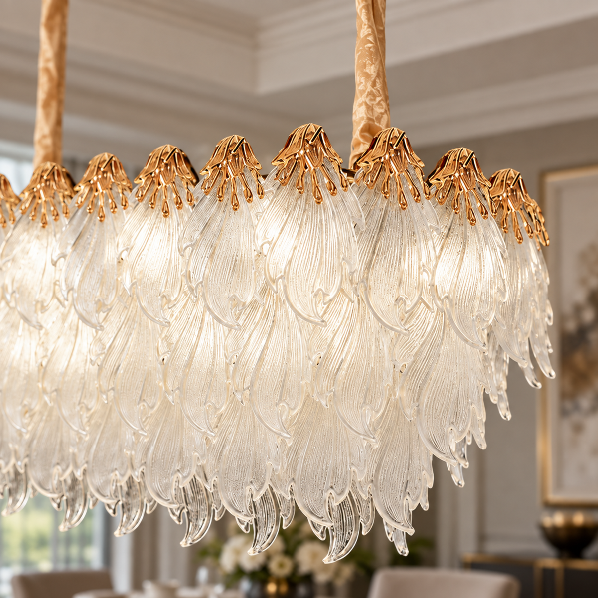 Candelabru Cristal MURANO Supremo 10xE14, 100x40 cm, Auriu, Inaltime Reglabila, Metal si Cristal