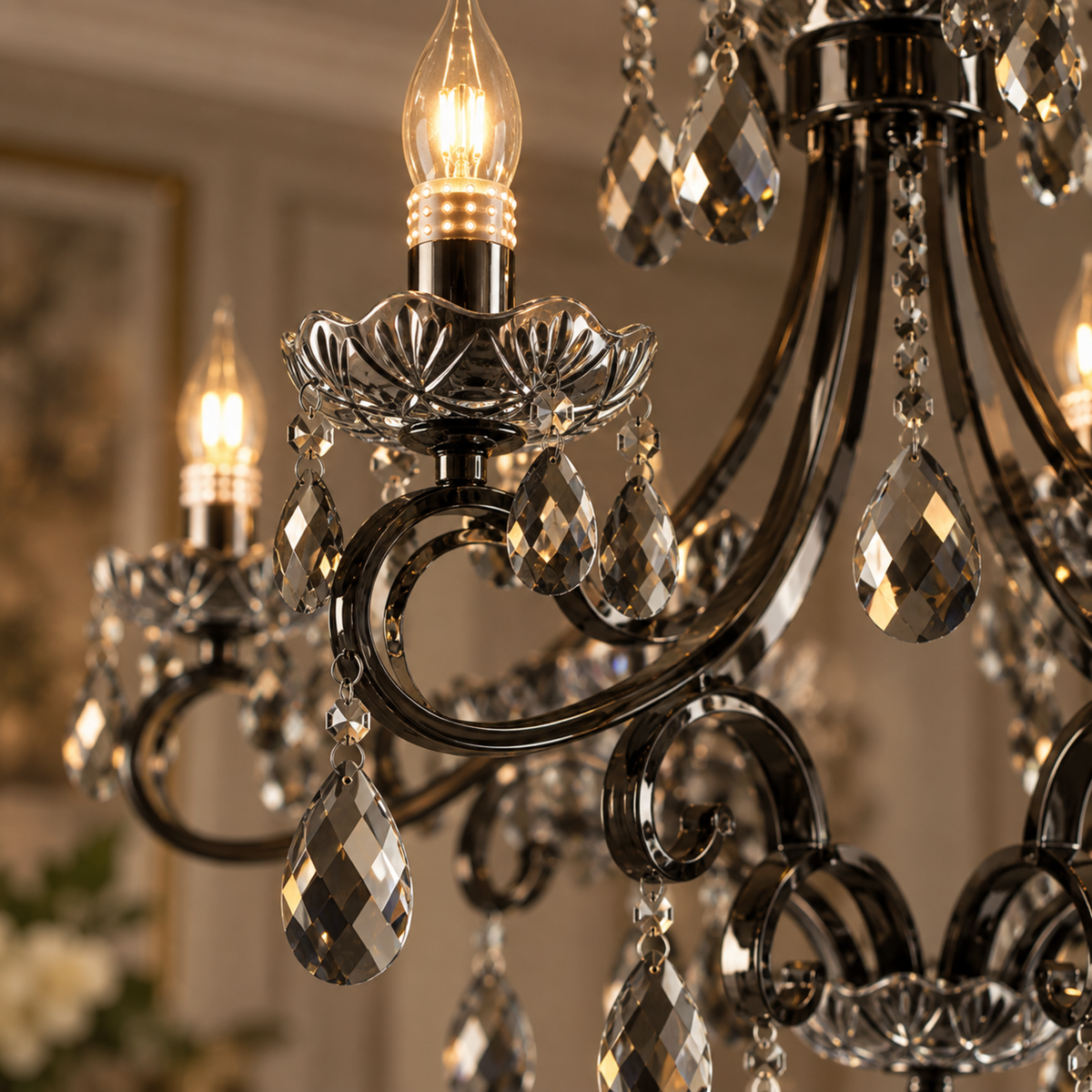 Candelabru Cristal BARO Magno, 6xE14, Inaltime Reglabila, Metal si Cristal, Negru