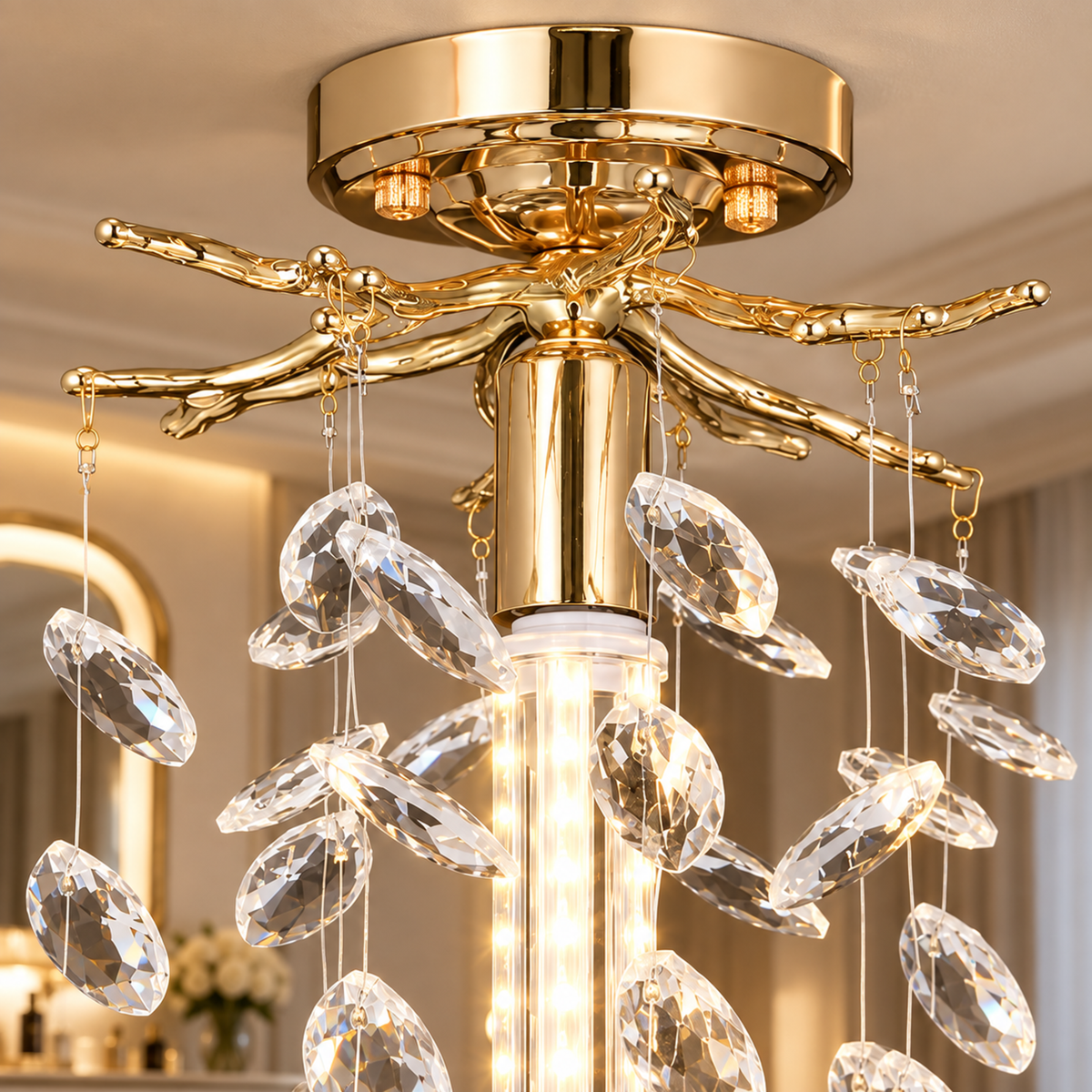 Candelabru Cristal LEAF Petito, Φ20cm, 1xE14, Auriu, Metal si Cristal