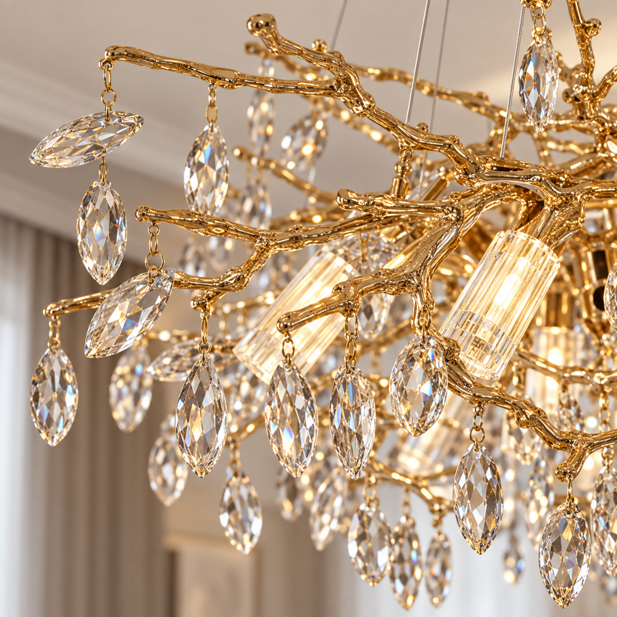 Candelabru Cristal LEAF Magno, Φ60cm, 8xE14, Auriu, Metal si Cristal