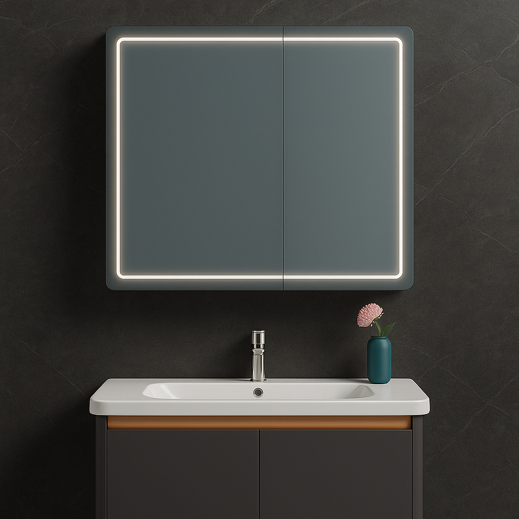 Oglinda LED cu Dulap de Baie si Lavoar Suspendat, 80x60 cm, Design Modern, Iluminare Integrata