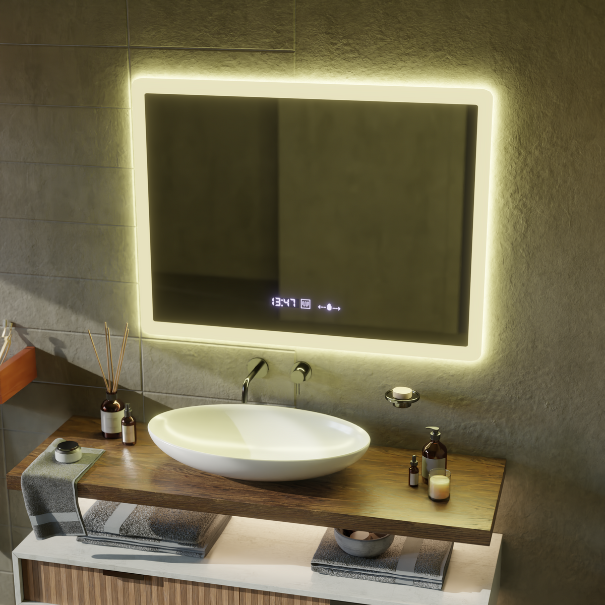 Oglinda LED Rectangulara, 80x60cm, ELANCEE Senzor MotionGlow Marcello, Sistem Dezaburire, Ceas & Termometru, Dimabila