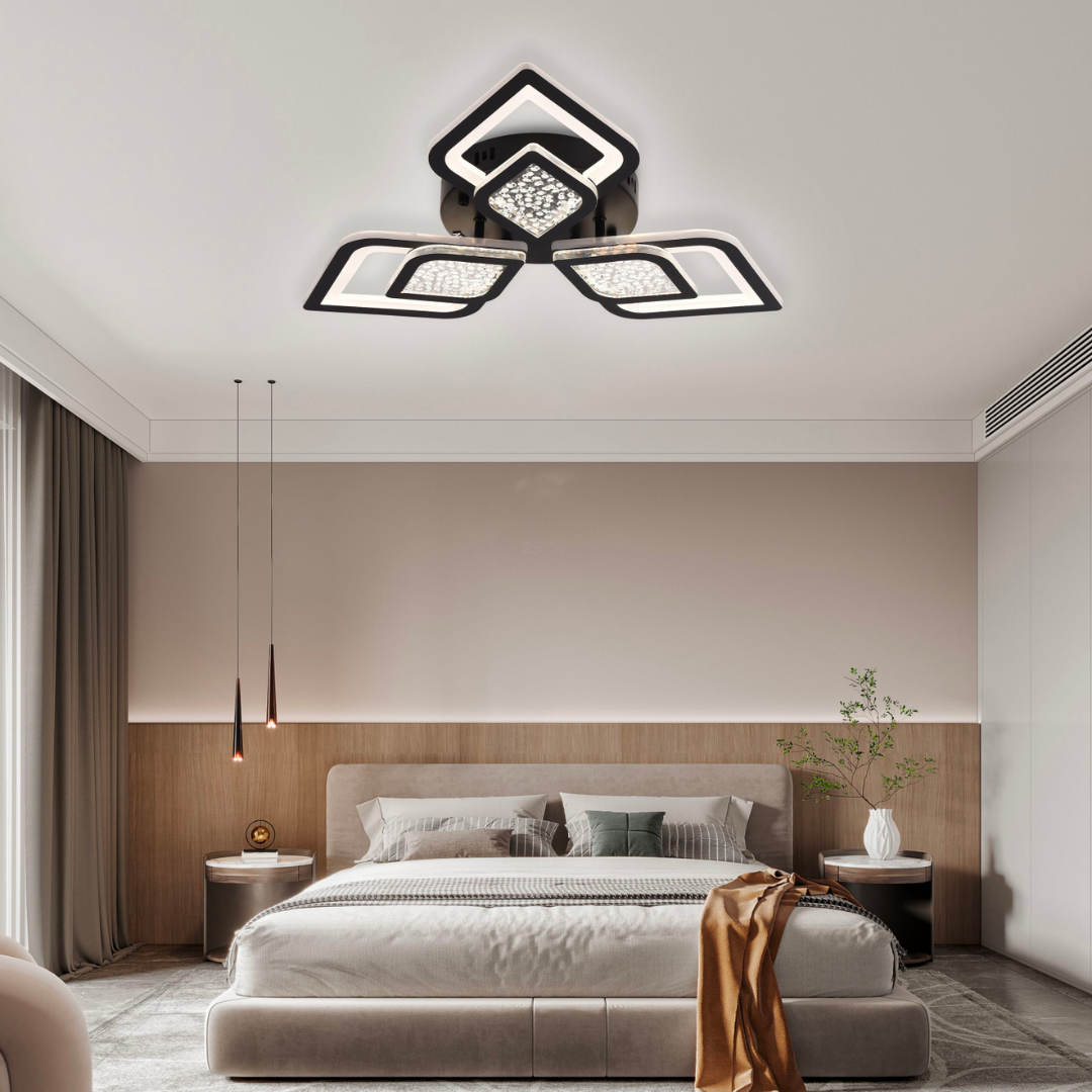 Lustra LED cu telecomanda Lorenzo, 67W, 3 Petale, lumina Rece/Calda/Neutra, Dimabila, Negru
