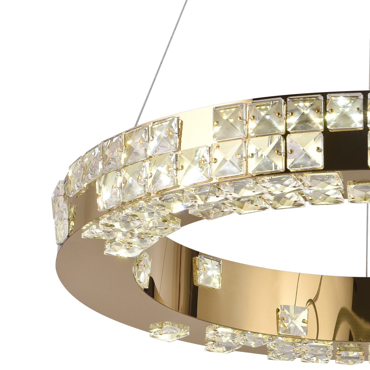Lustra LED cu Telecomanda, LLC135/2GD, Cristal si Metal, 54W, 2 Cerc, Dimabila, Inaltime Reglabila, Lumina Rece/Calda/Neutra 3000K/4000K/6000K, Iluminat Luxos