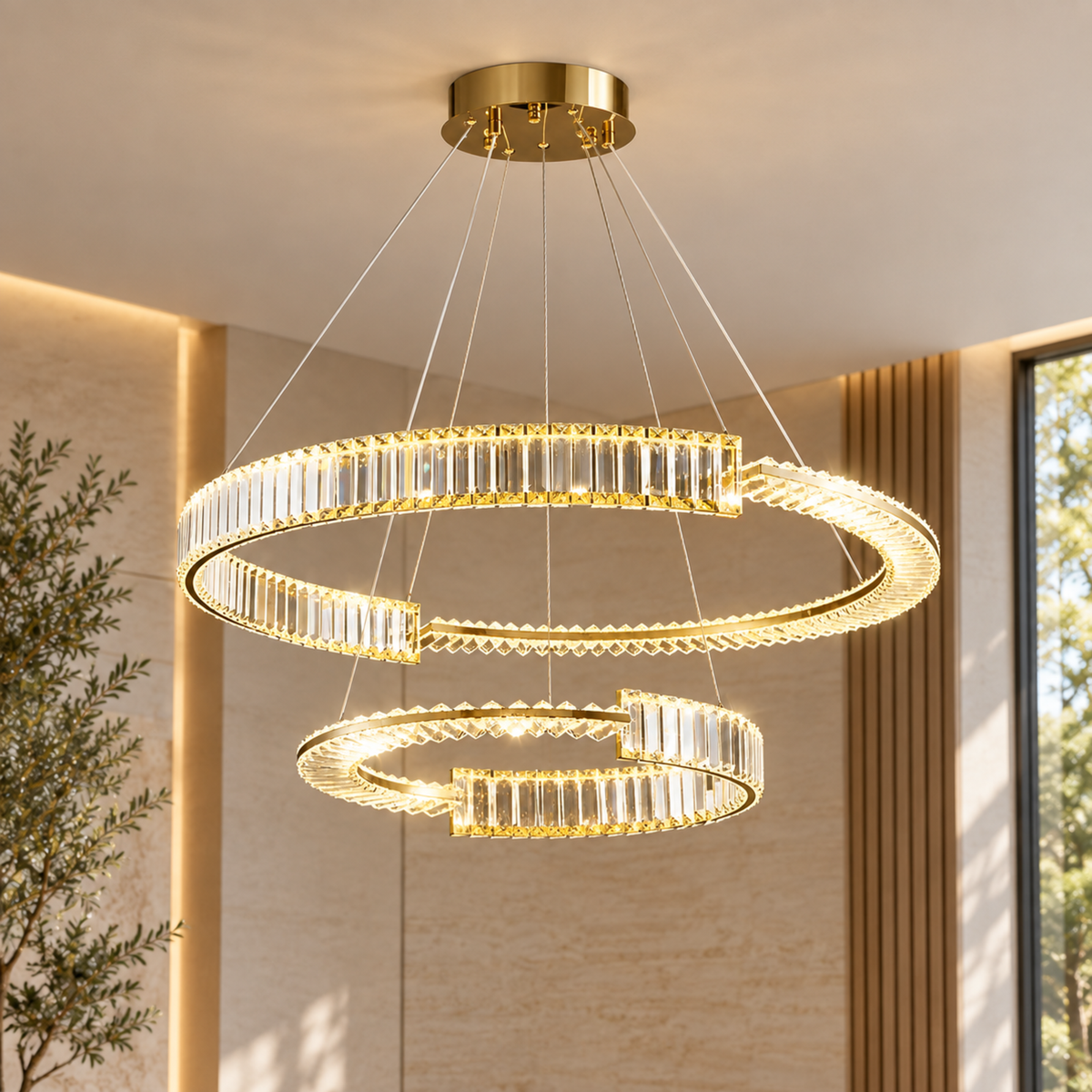 Lustra LED suspendata cu cristal PRISM REGAL 81W, 2 Cercuri, lumina Rece/Calda/Neutra, Dimabila, Auriu, Inaltime Reglabila