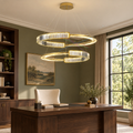 Lustra LED suspendata cu cristal PRISM REGAL 117W, 2 Cercuri, lumina Rece/Calda/Neutra, Dimabila, Auriu, Inaltime Reglabila