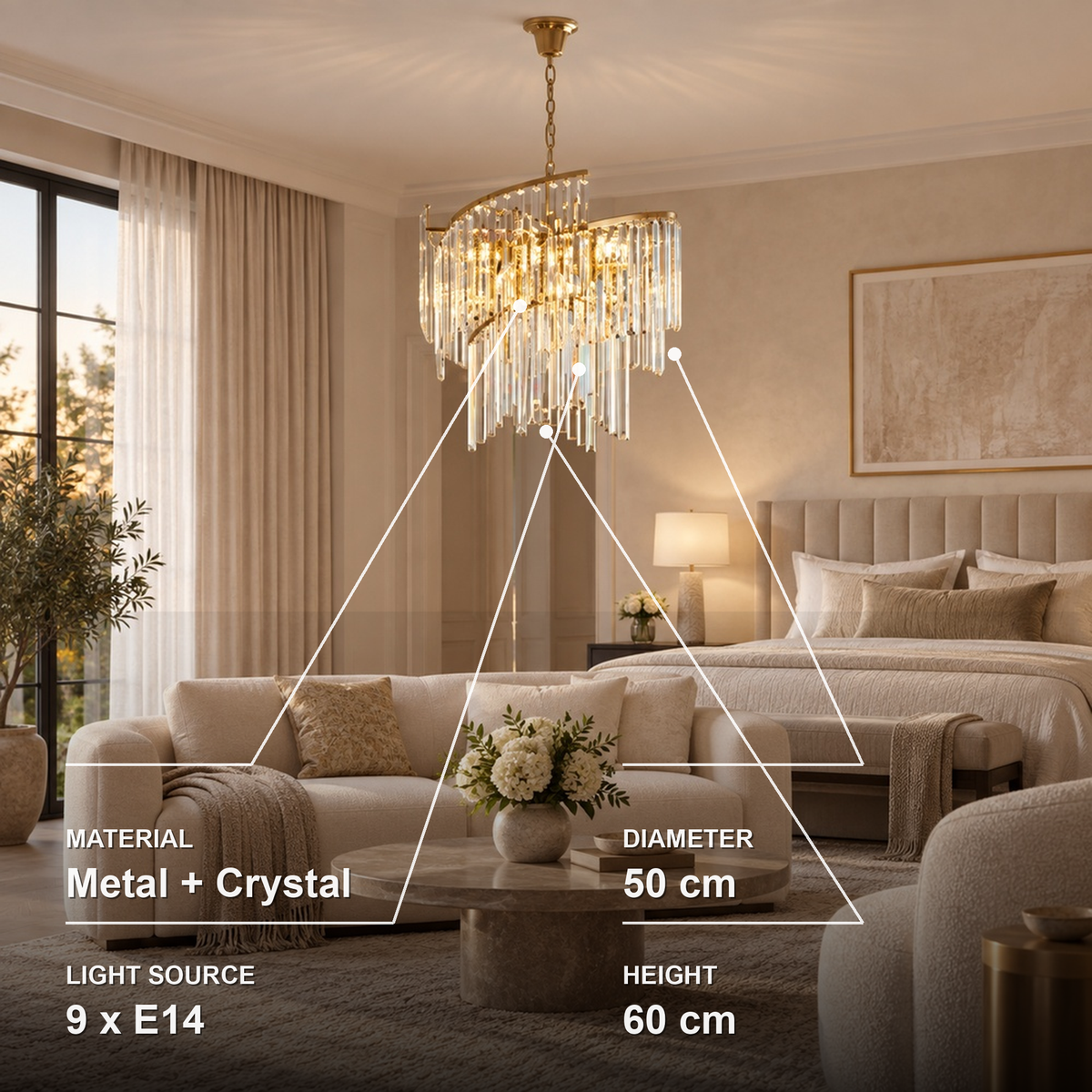 Candelabru Cristal TWEEZE Eleganza, Φ50cm, 9xE14, Auriu, Metal si Cristal