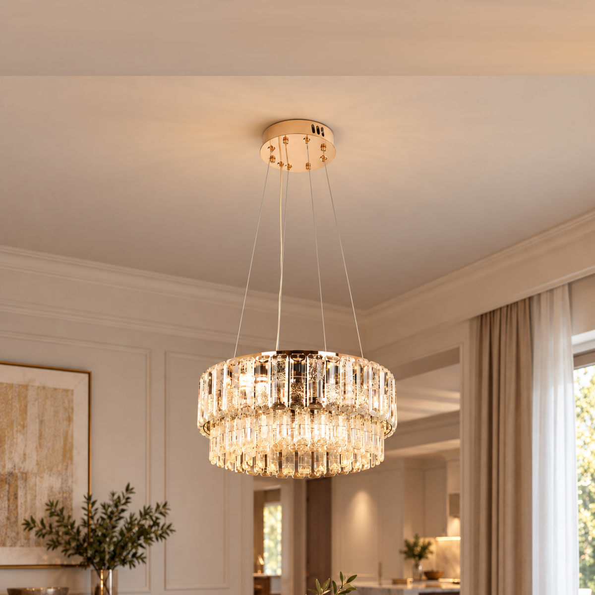 Candelabru Cristal ELYSIAN Nobile 5xE14, D40 cm, Auriu, Inaltime Reglabila, Metal si Cristal