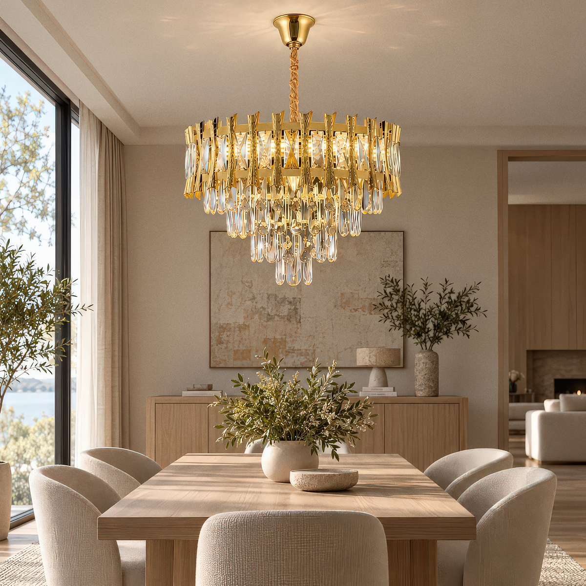 Candelabru Cristal HAMPTON Nobile 5xE14, Diametru 40cm, Auriu Lucios, Inaltime Reglabila